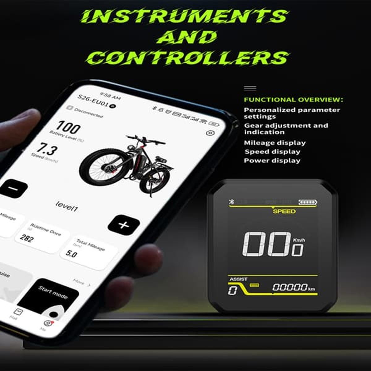 Un teléfono muestra estadísticas de bicicleta. Un dispositivo separado muestra la velocidad. Texto: Instrumentos y controladores.