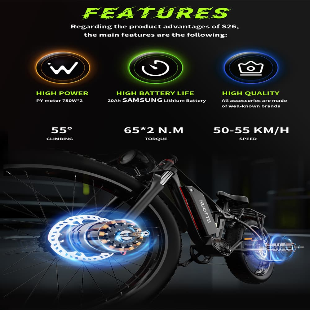 Un anuncio con las características de una bicicleta eléctrica: alta potencia, duración de la batería y calidad, con una imagen de bicicleta.