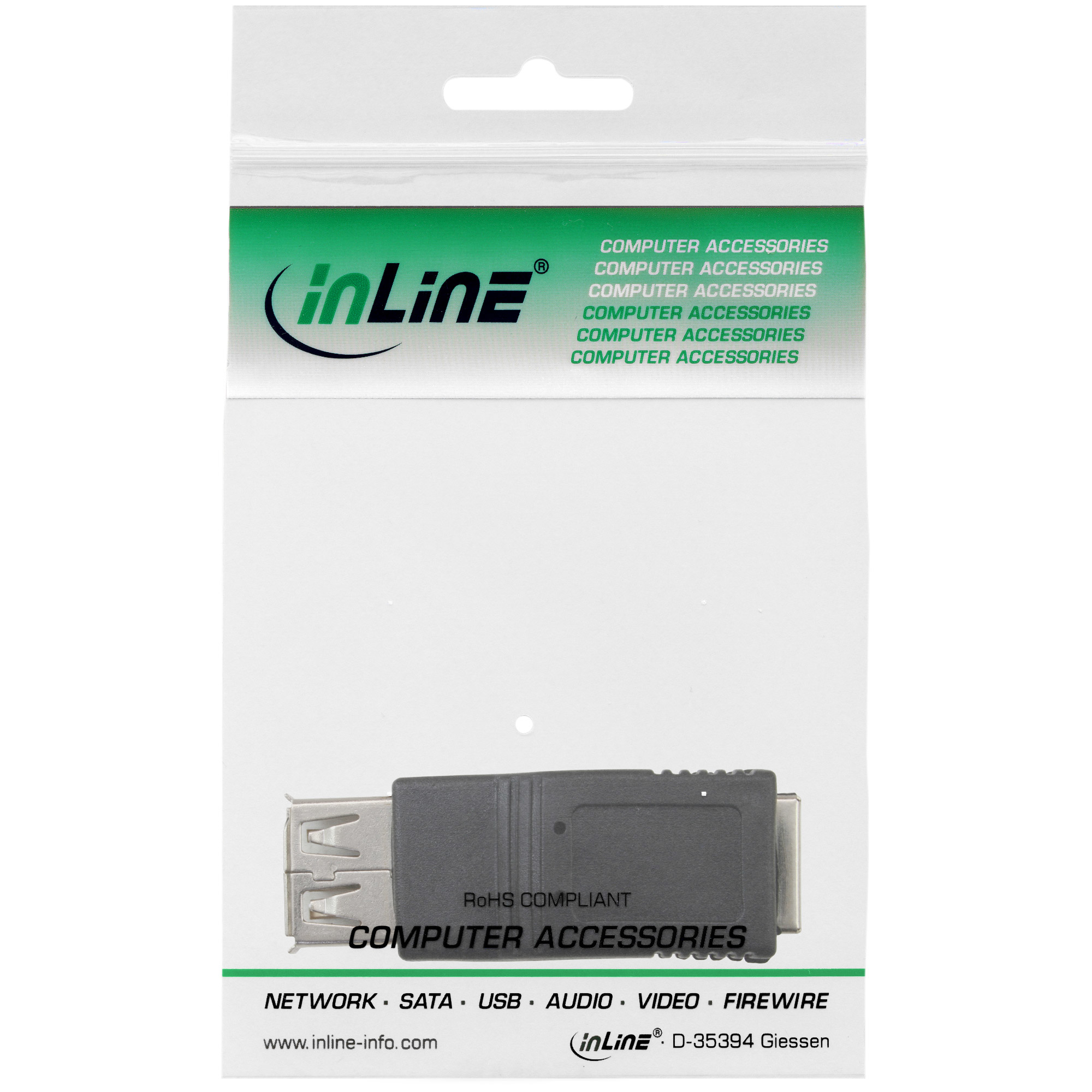 Versiegelter Plastikbeutel mit schwarzem USB-Adapter und Produktinformationen.