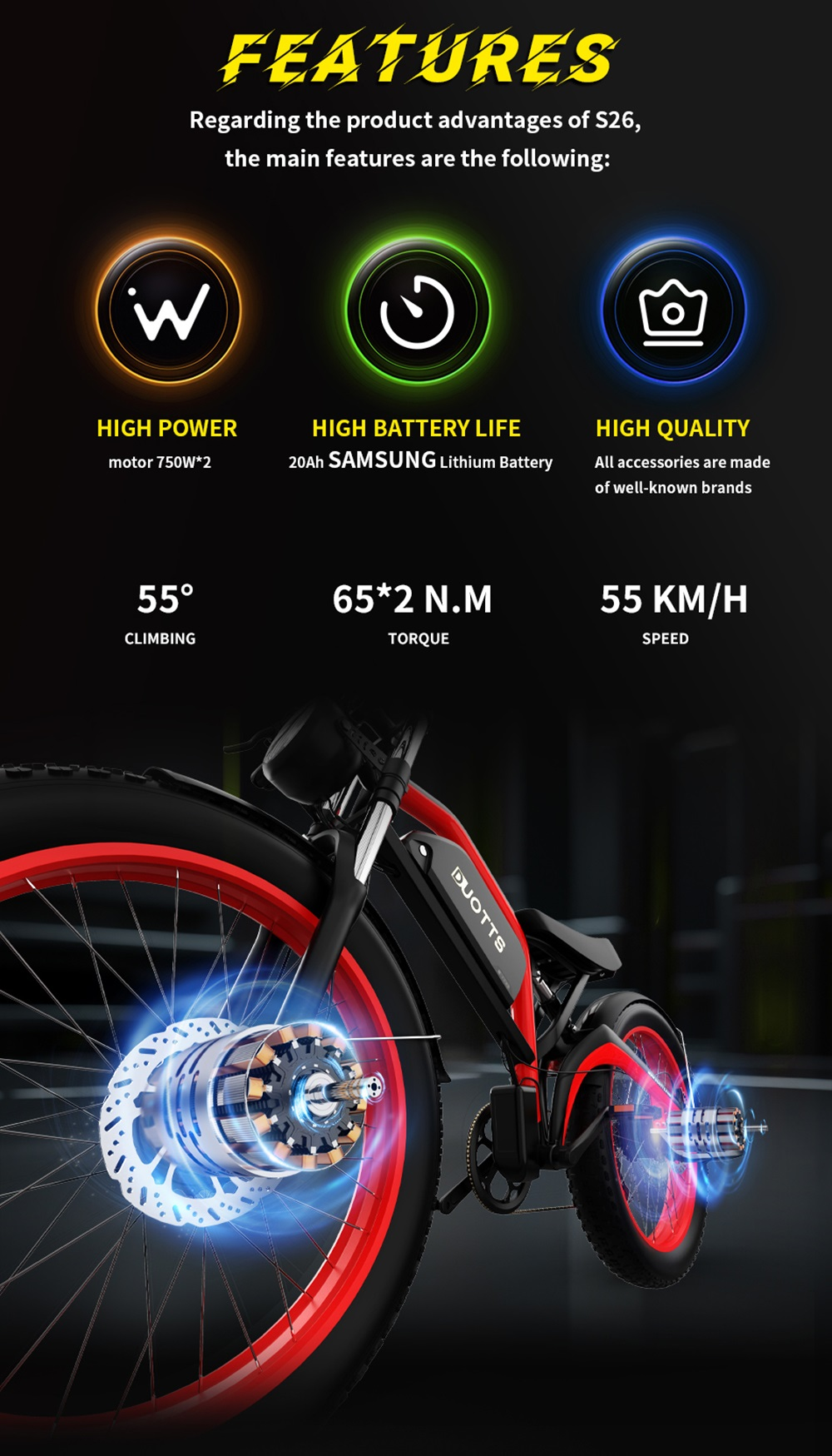 Características de la bicicleta eléctrica: Alta potencia, larga duración de la batería, alta calidad. Se muestran características y especificaciones.