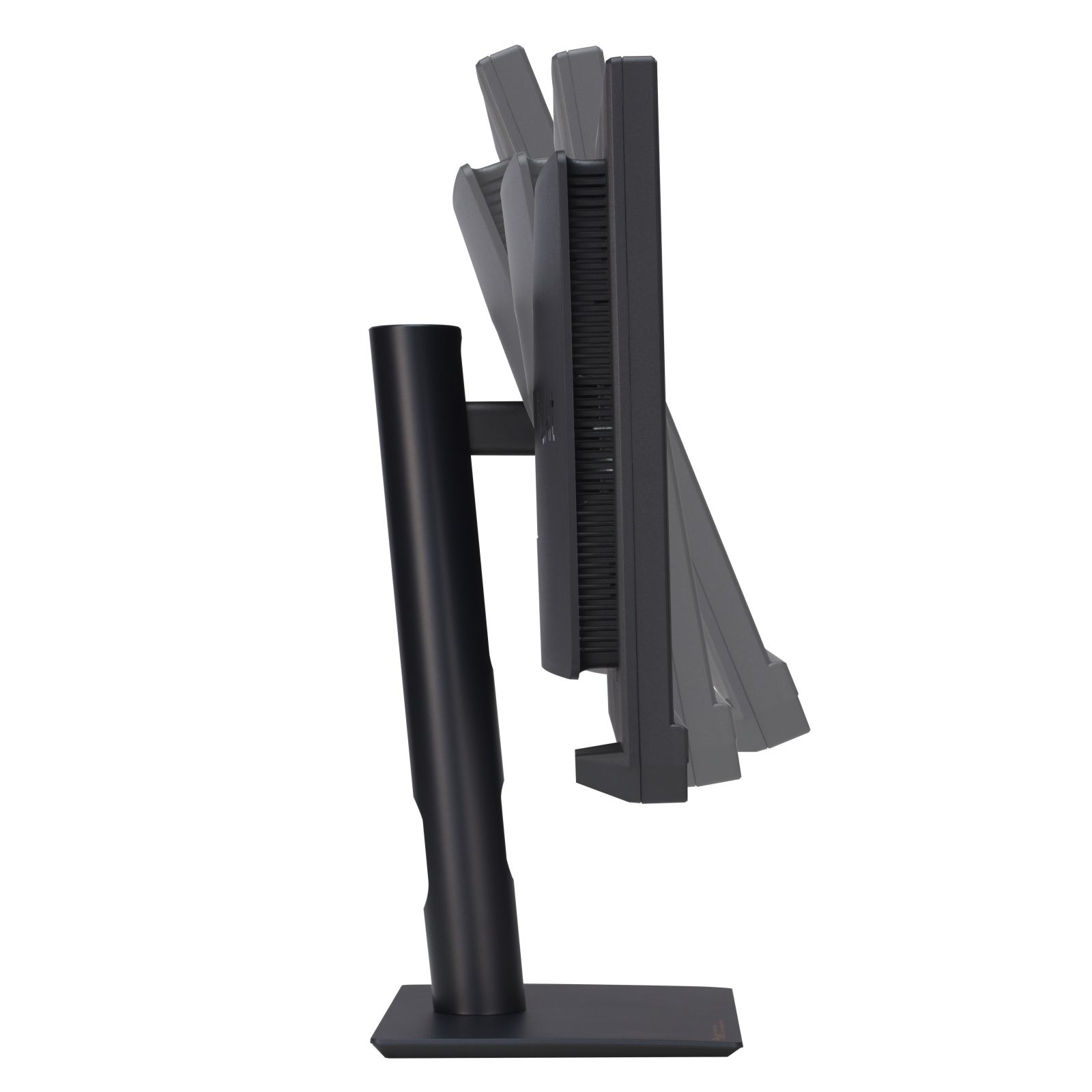 Monitor z czarną podstawą, lekko pochylony, widok z boku.