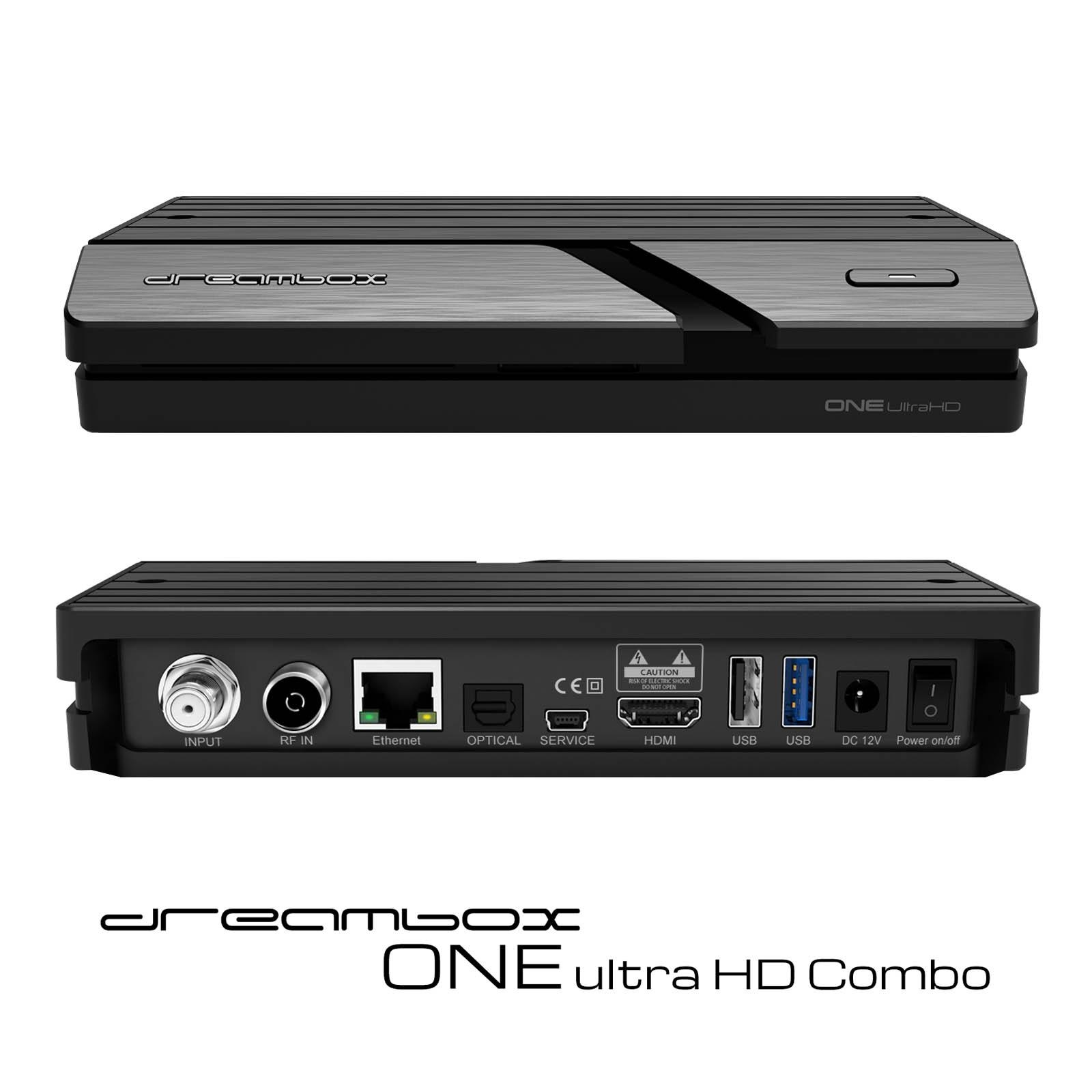 Schwarzer Dreambox ONE Ultra HD Combo Receiver. Ober- und Unteransicht. Weißer Hintergrund.