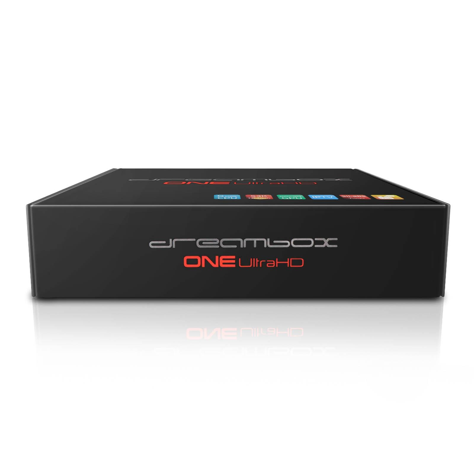 Schwarze Set-Top-Box mit Text darauf. Weißer Hintergrund.