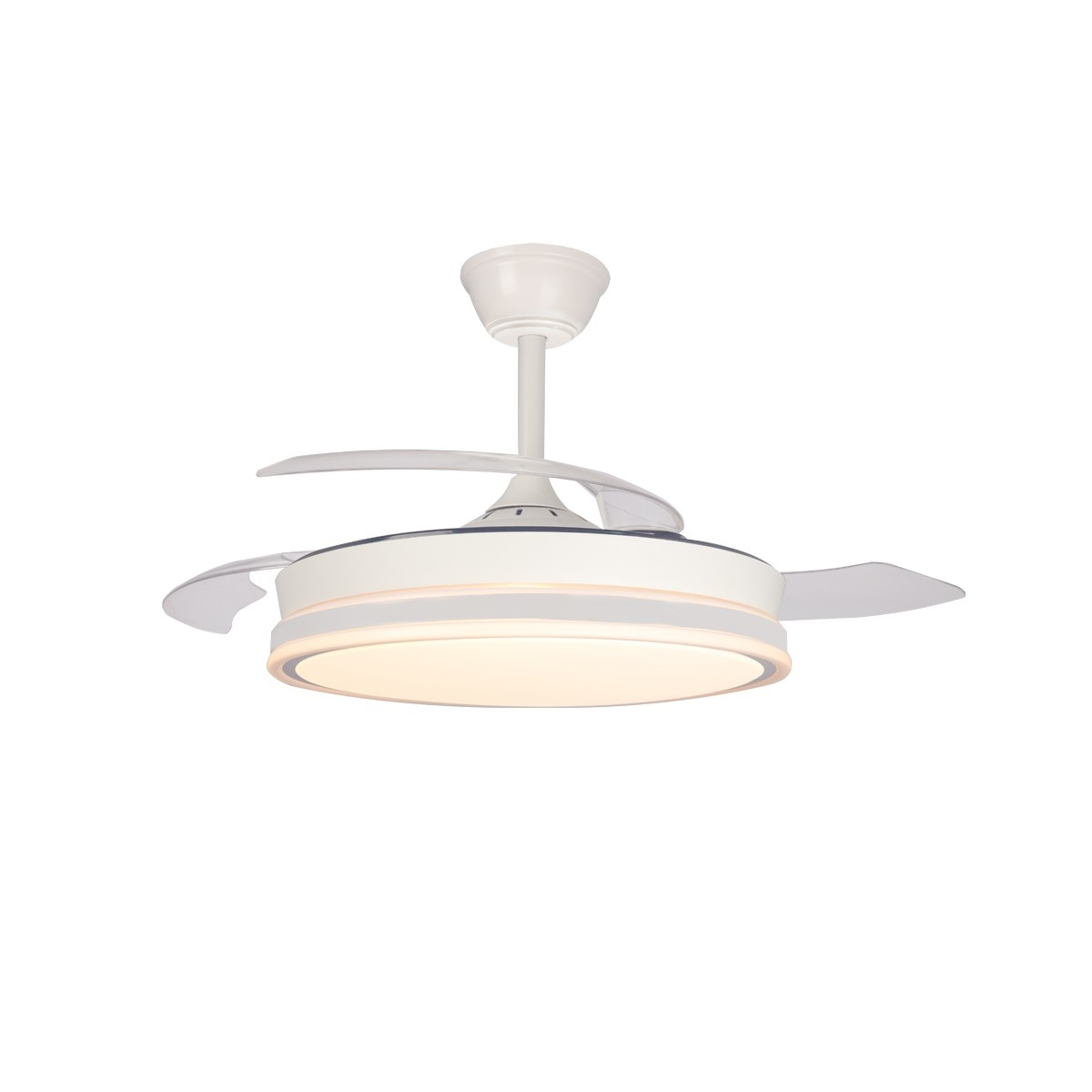 Ventilatore da soffitto bianco con luce, pale trasparenti, su sfondo bianco.