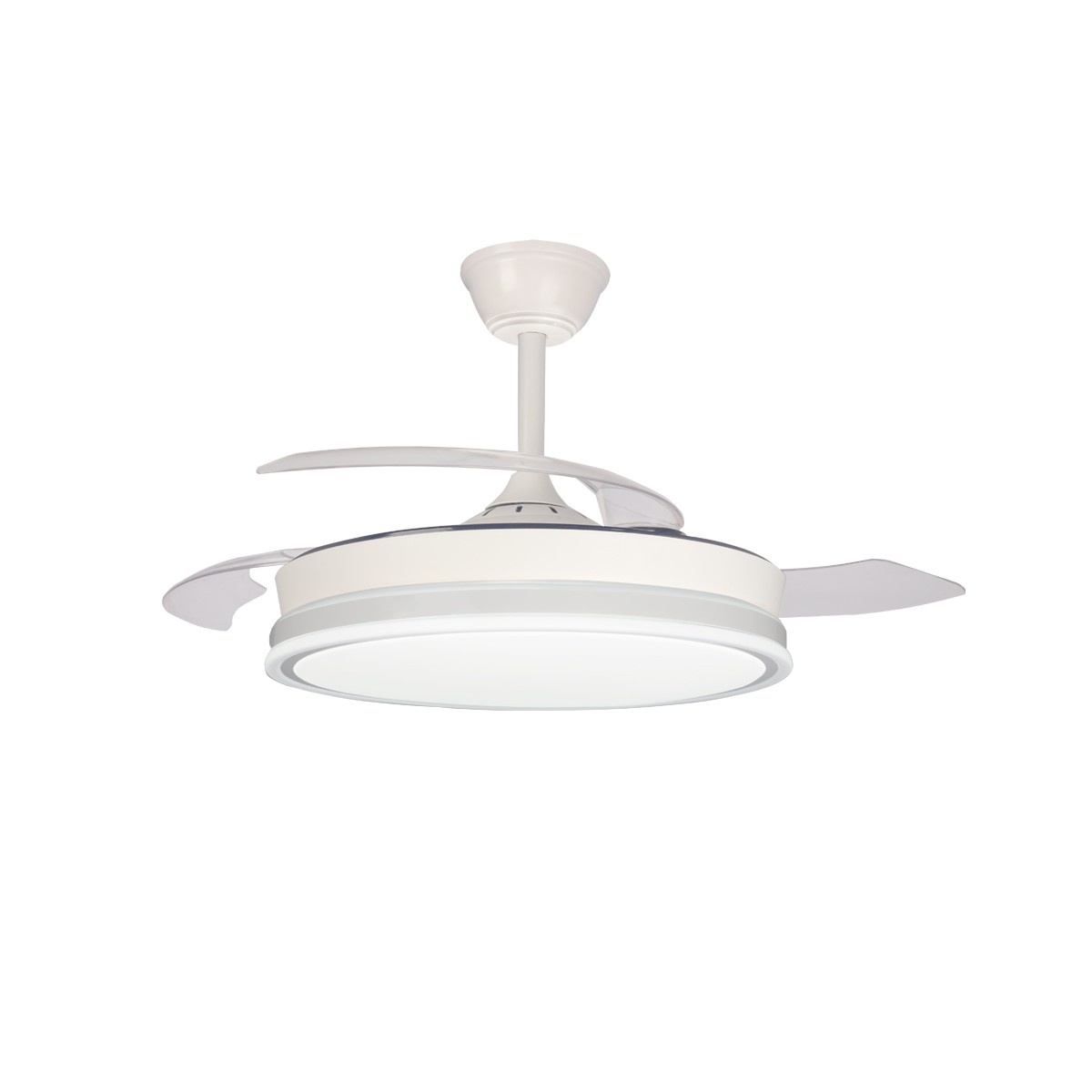 Ventilatore da soffitto bianco con luce circolare, pale trasparenti e stelo bianco. Isolato su bianco.