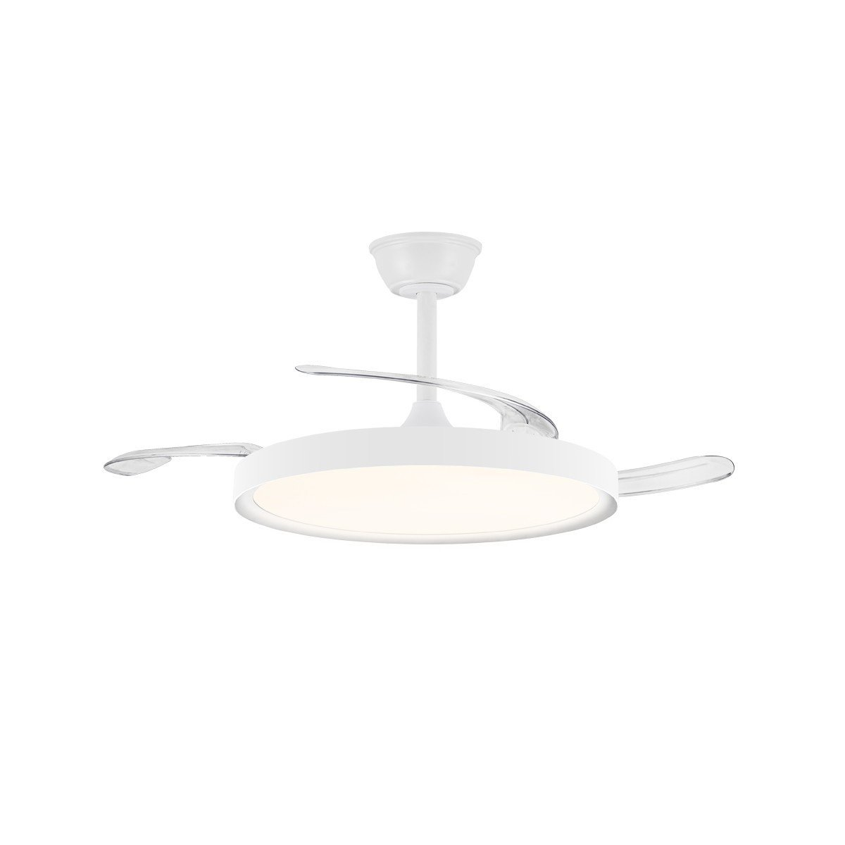 Witte plafondventilator met gebogen, transparante bladen en een centraal lichtarmatuur.