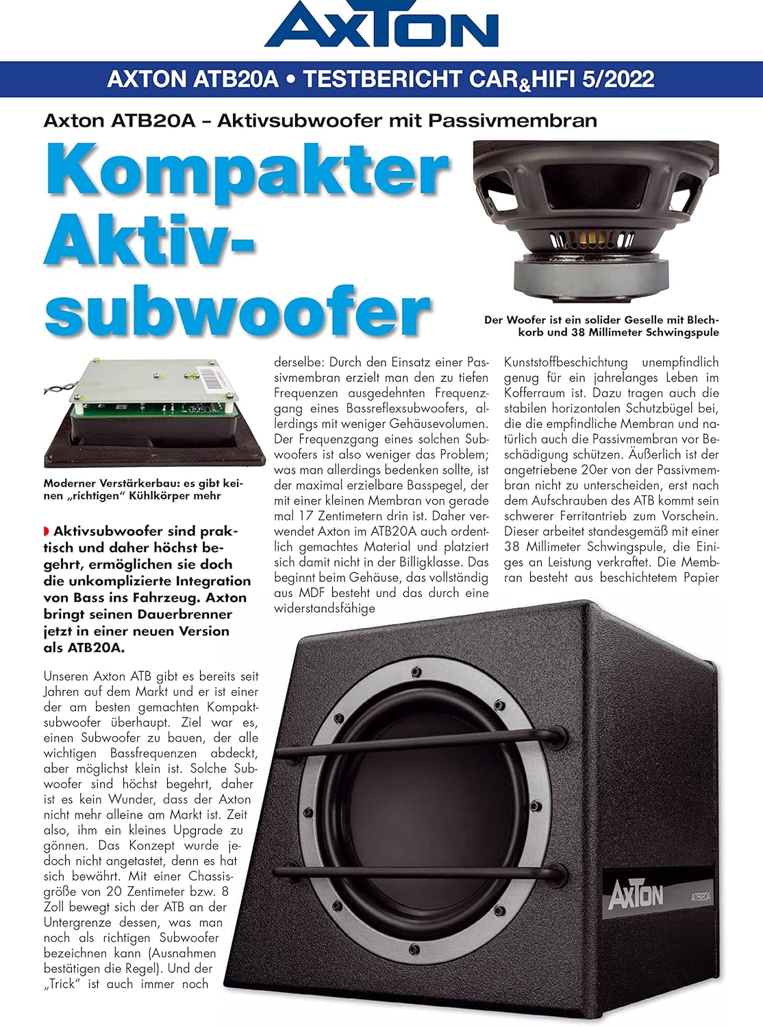 Magazinseite über den Axon ATB20A Subwoofer mit Diagramm und Text.