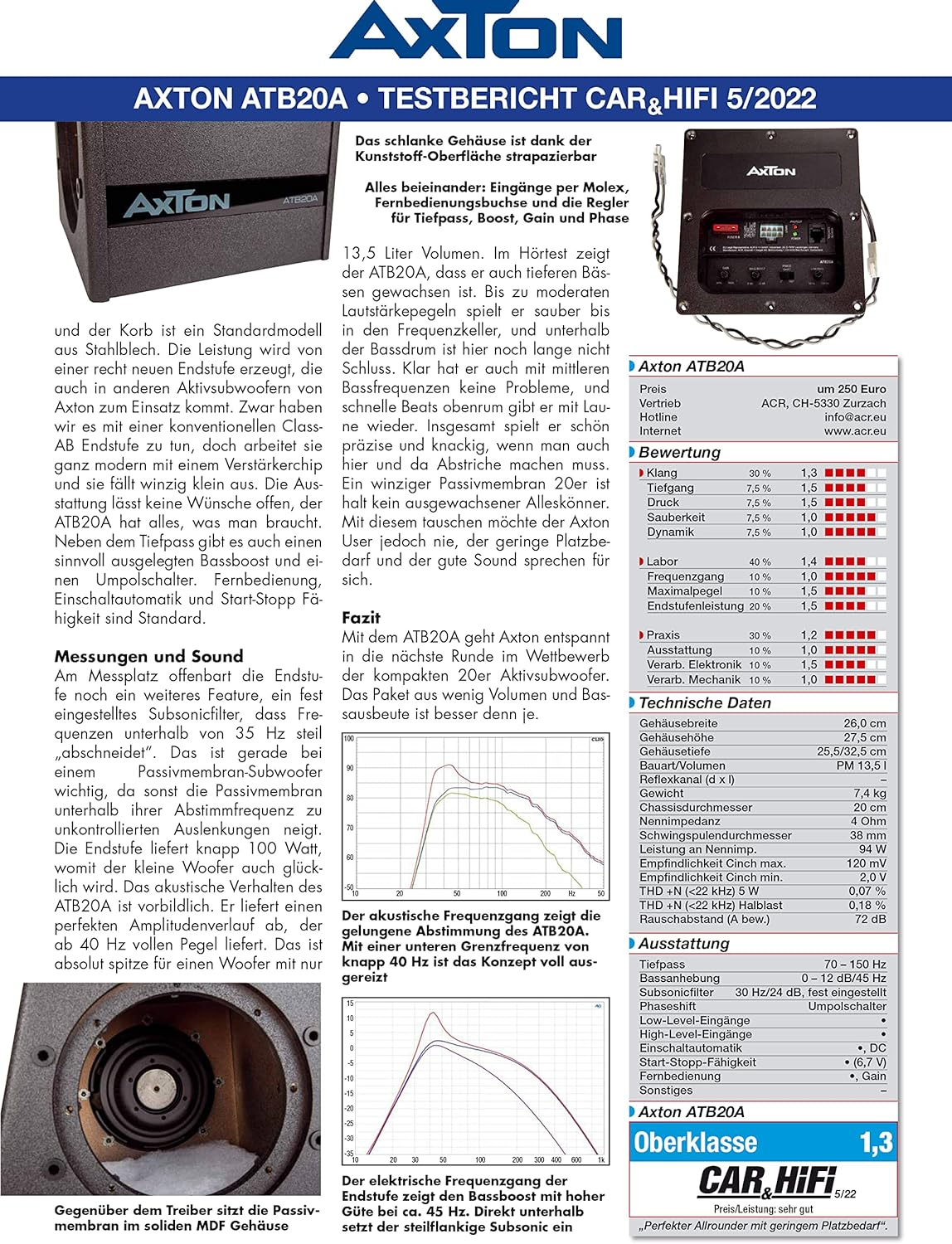 Eine Seite aus einem Auto-Audio-Magazin mit technischen Daten und Diagrammen.