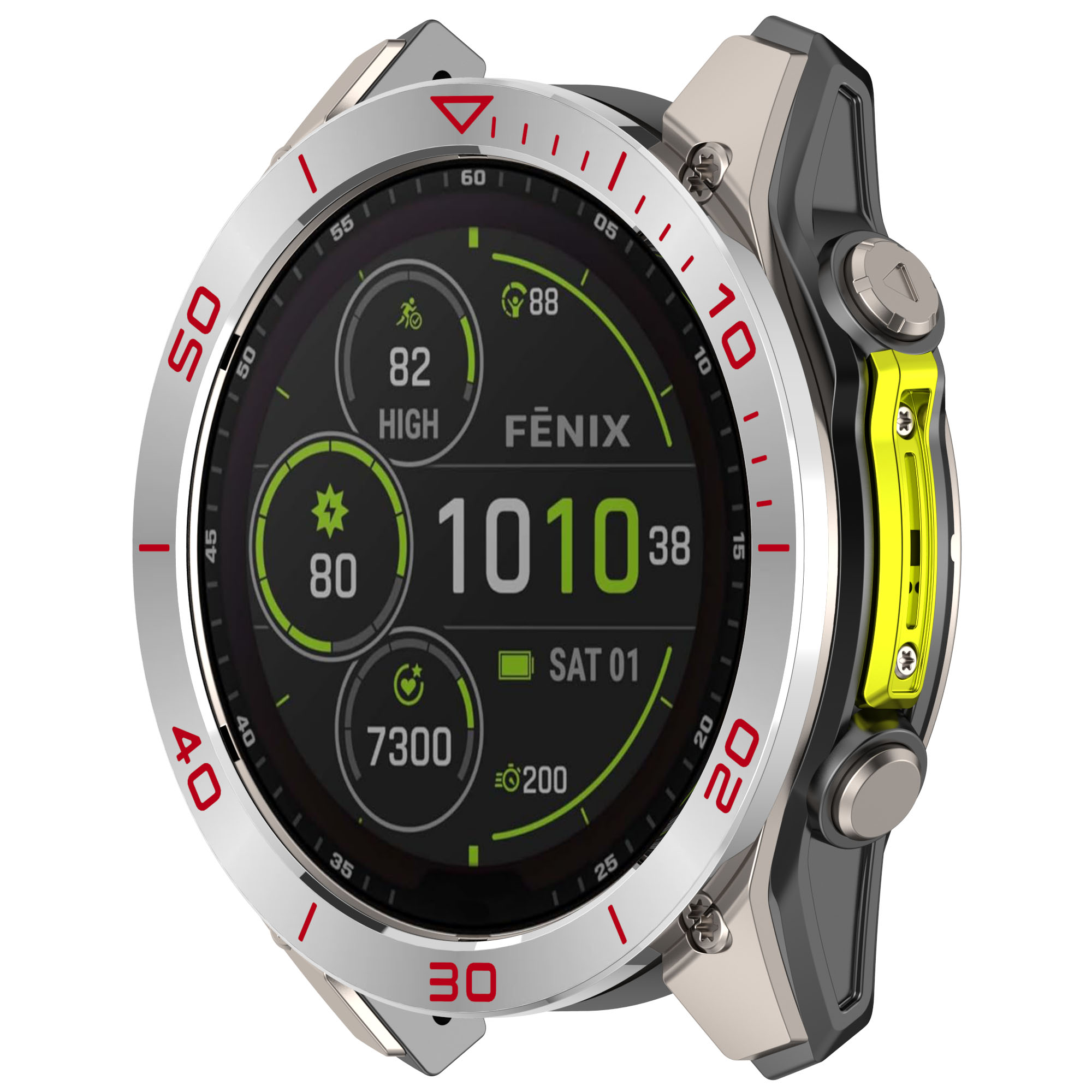 Smartwatch nera e argento con lunetta rossa e pulsante laterale giallo.