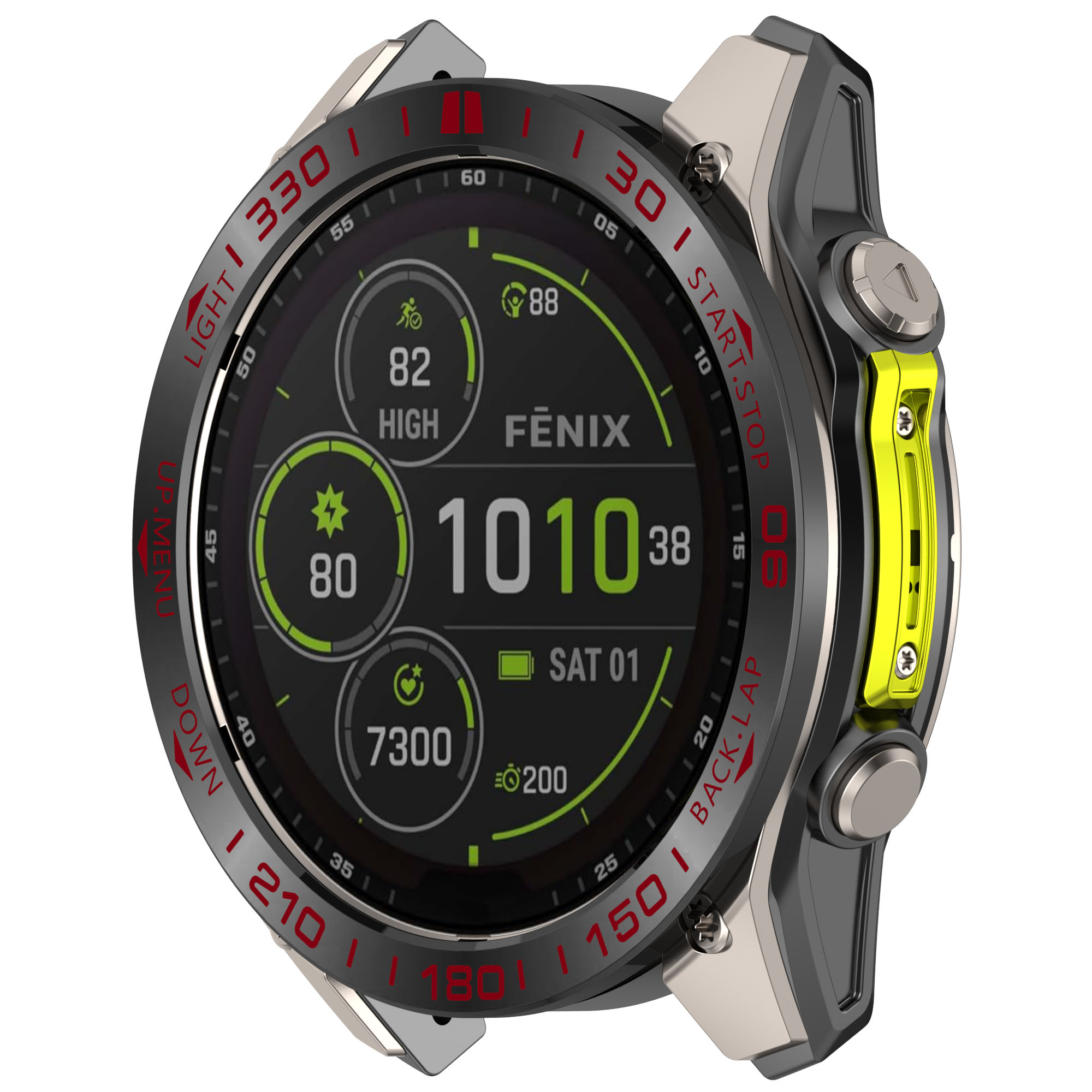 Smartwatch mit schwarzer Lünette, gelben Akzenten und digitaler Anzeige.