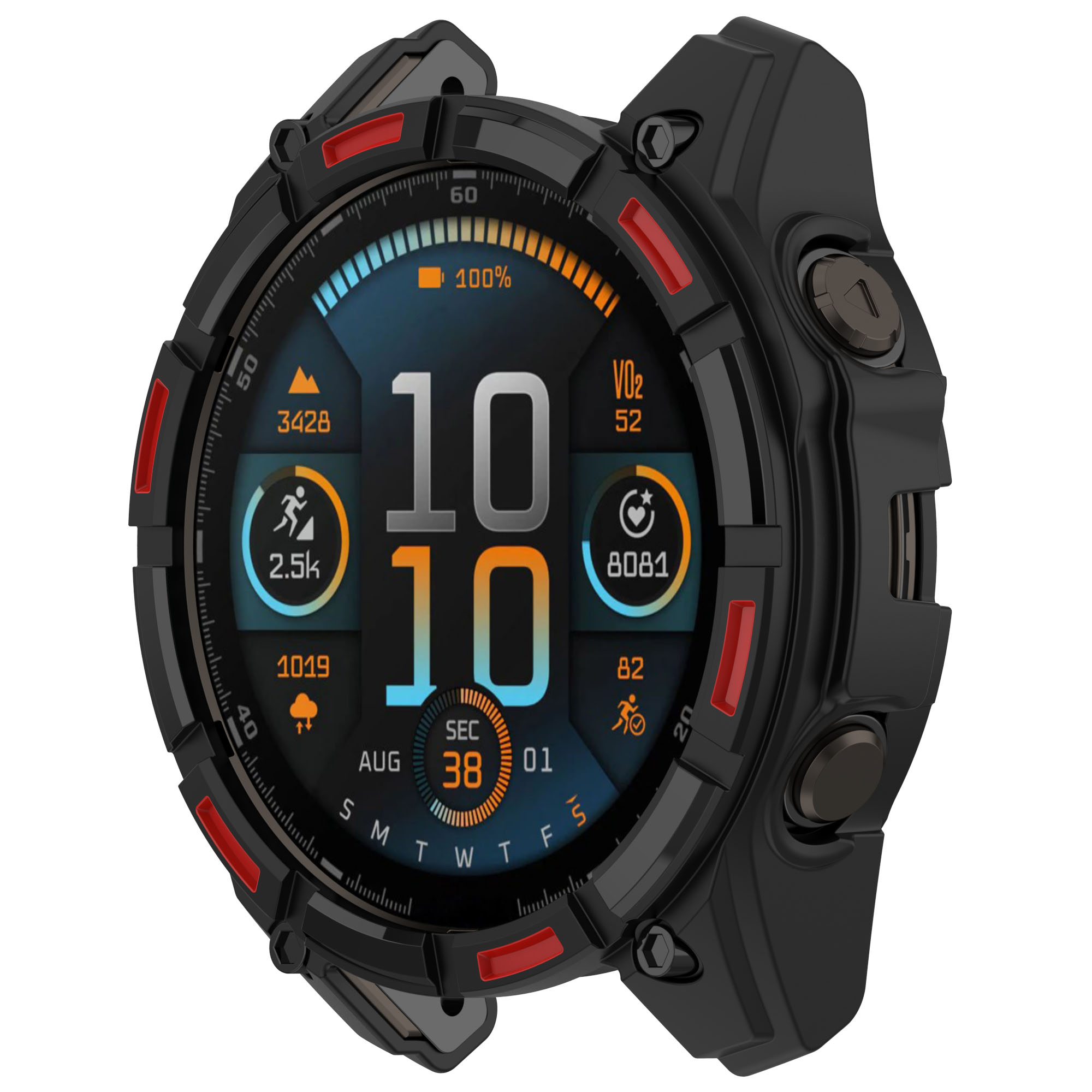 Smartwatch con cassa nera e dettagli rossi, mostra dati. Colori arancione e blu.