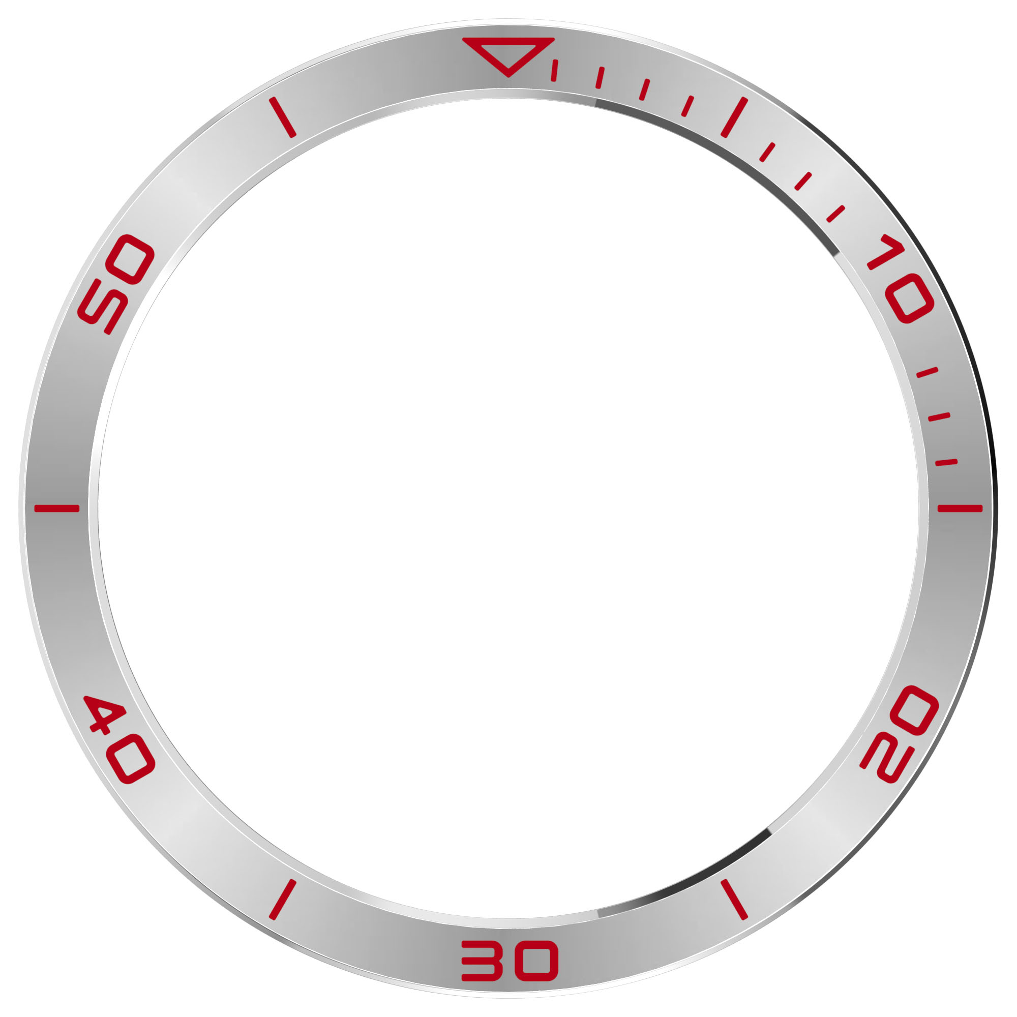 Una lunetta d'orologio argentata con segni rossi. Sono visibili i numeri 50, 40, 30, 20 e 10.