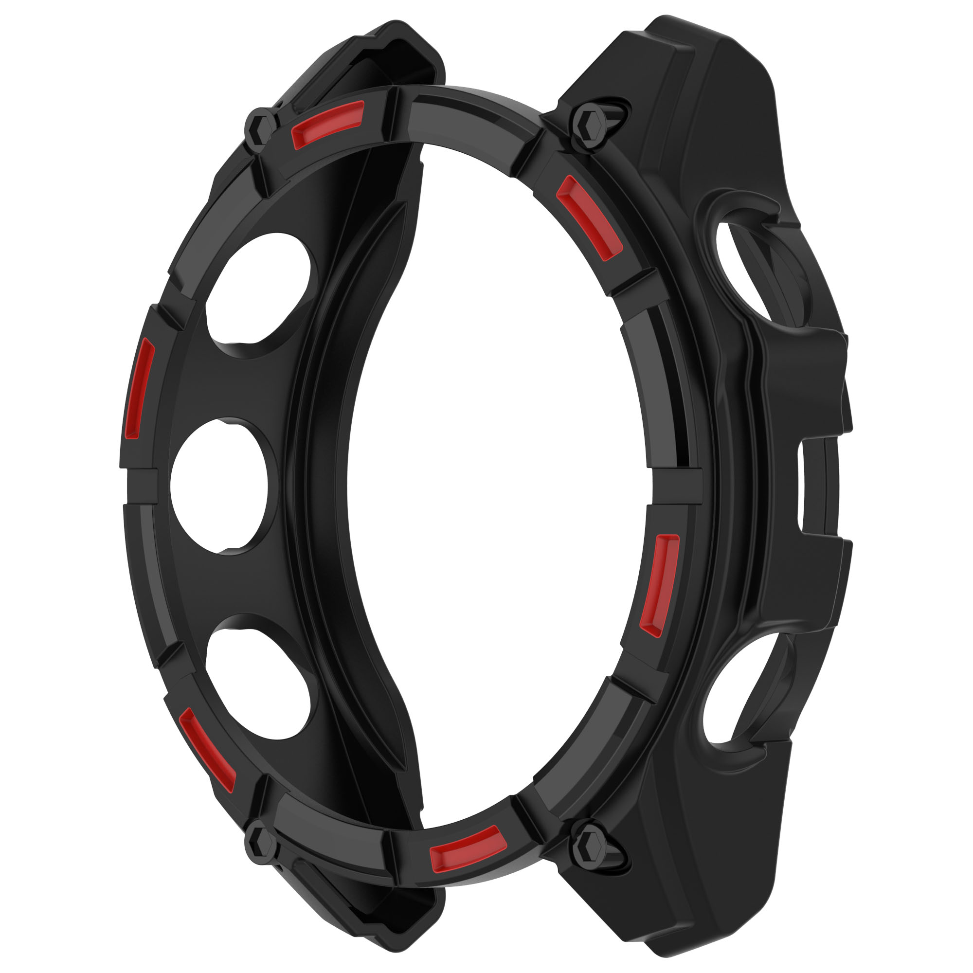Ghiera nera con accenti rossi. Rotonda, con fori e design protettivo per orologio.