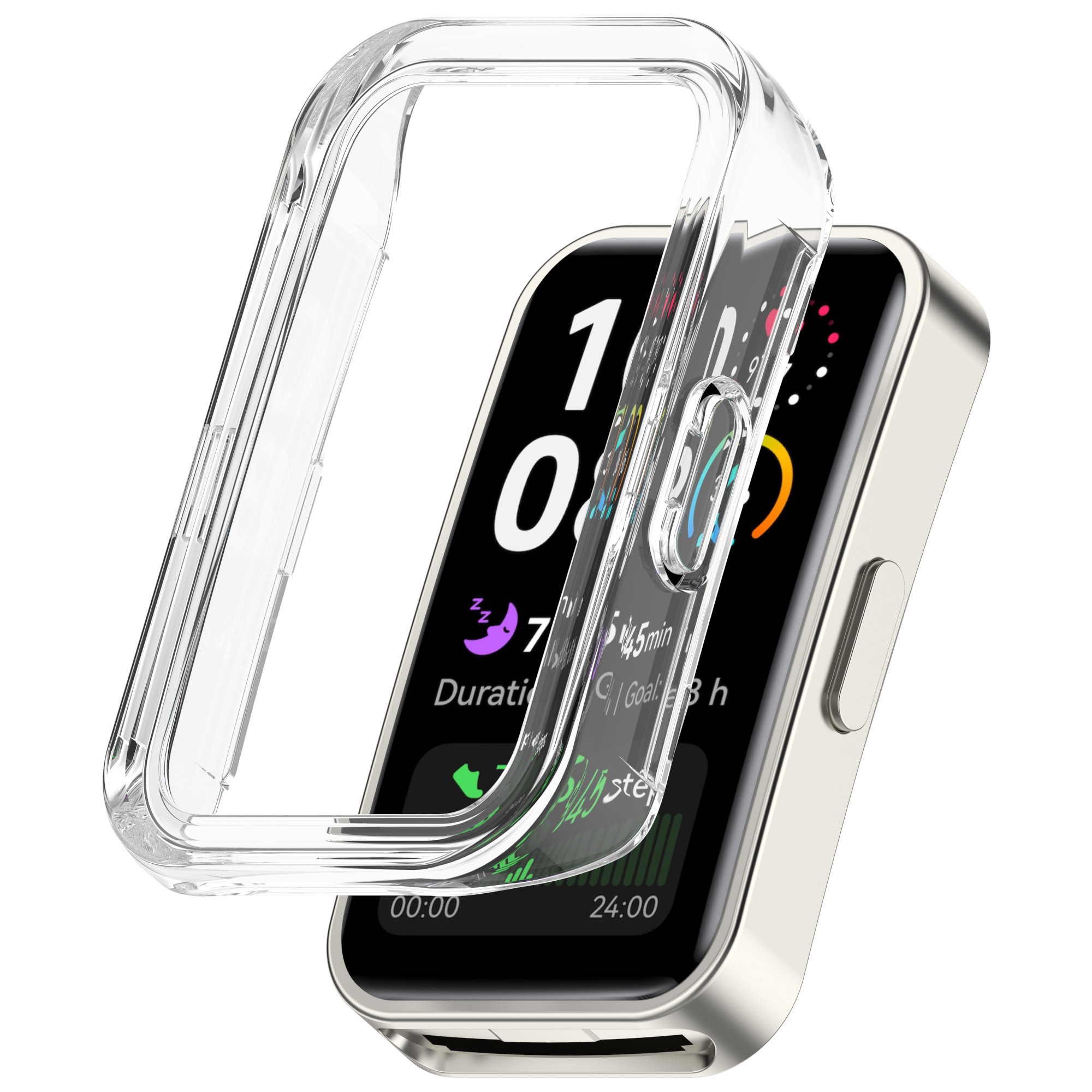 Custodia protettiva trasparente su smartwatch. Lo schermo mostra ora, passi e dati.
