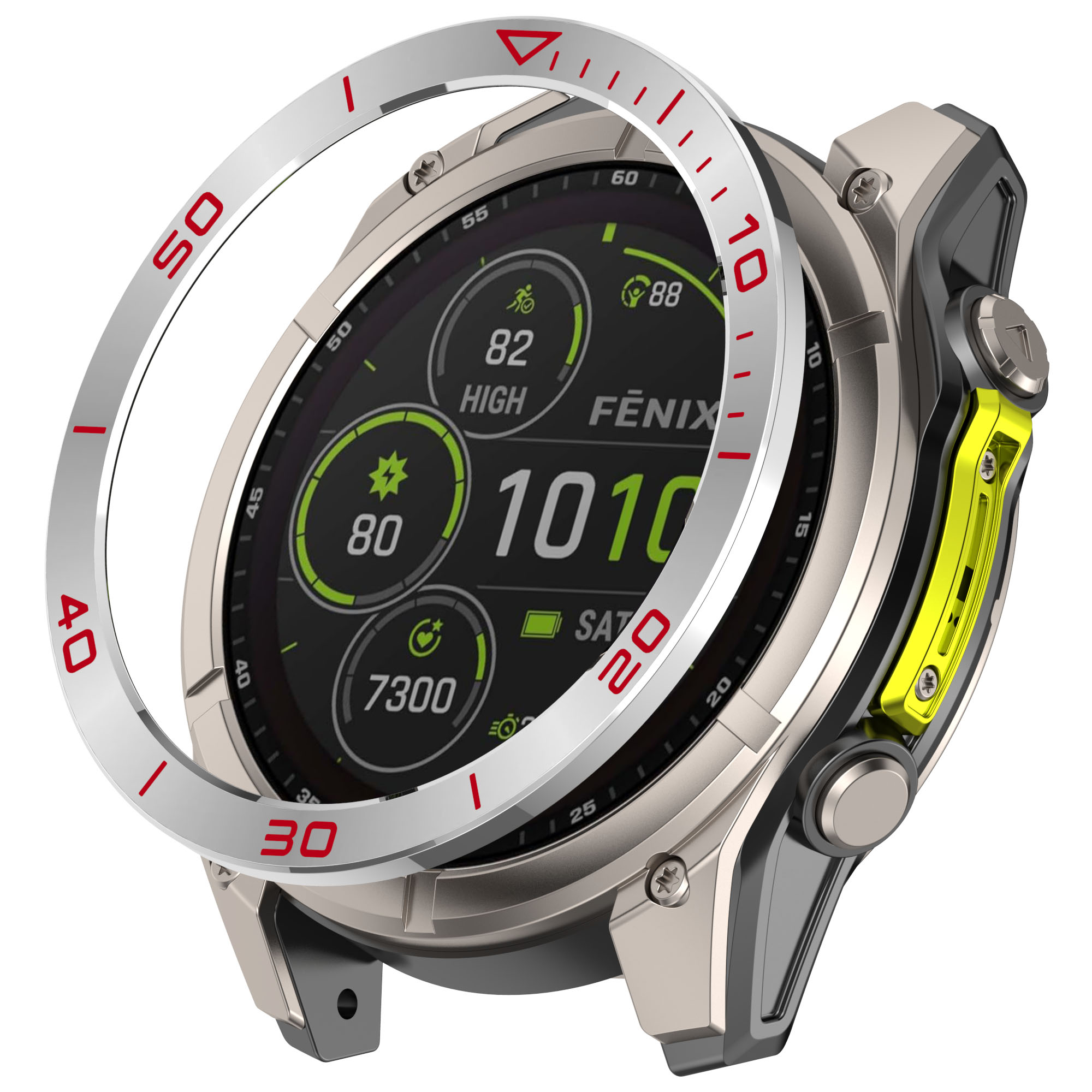Smartwatch con lunetta e protezione schermo. L'orologio mostra dati fitness e ora.