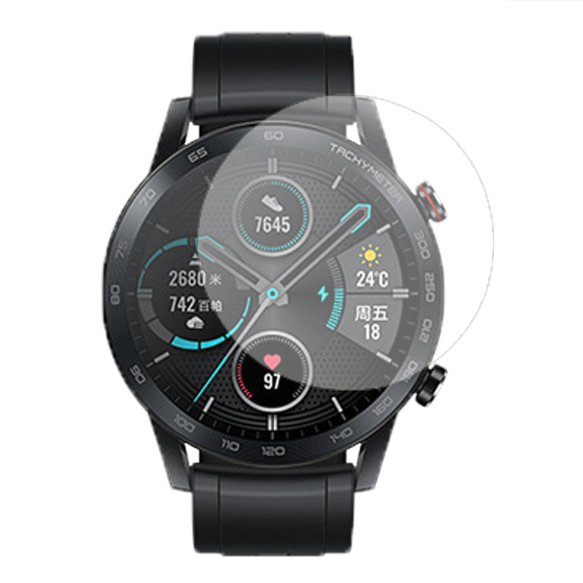 Smartwatch zeigt Metriken wie Herzfrequenz, Schritte und Datum. Display wird durch einen Displayschutz geschützt.
