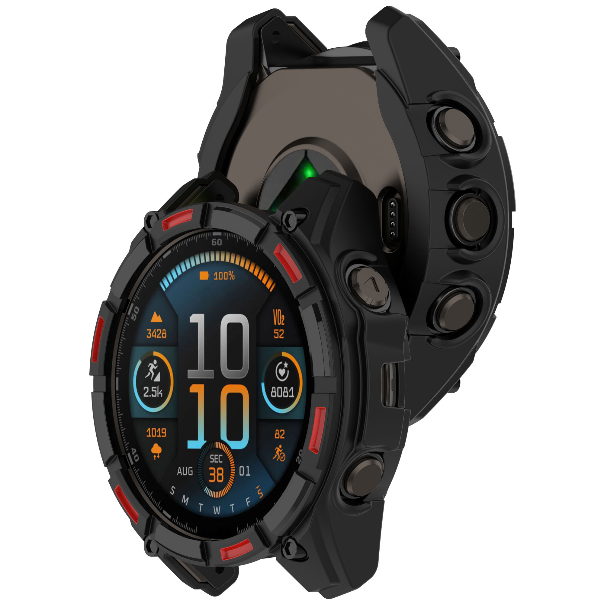 Smartwatch nero con custodia protettiva che mostra dati. L'orologio mostra ora, statistiche sanitarie e livello della batteria.