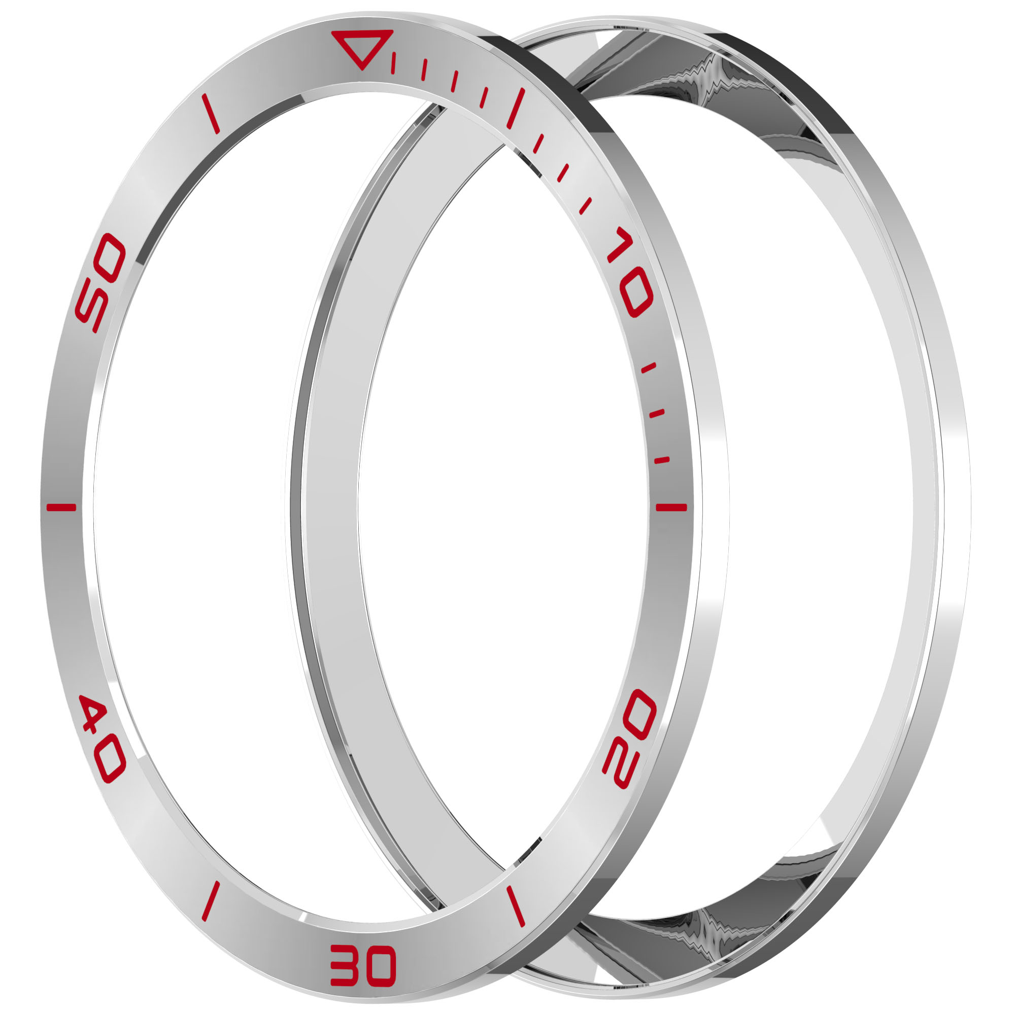 Due lunette d'orologio argentate con numeri rossi. Una lunetta ha un triangolo rosso in alto.