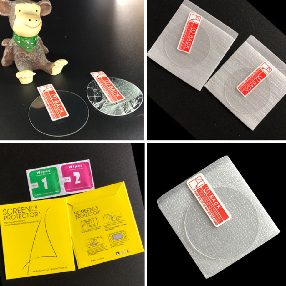Verschiedene Displayschutzfolien und Reinigungstücher. Enthält einen Spielzeugaffen.