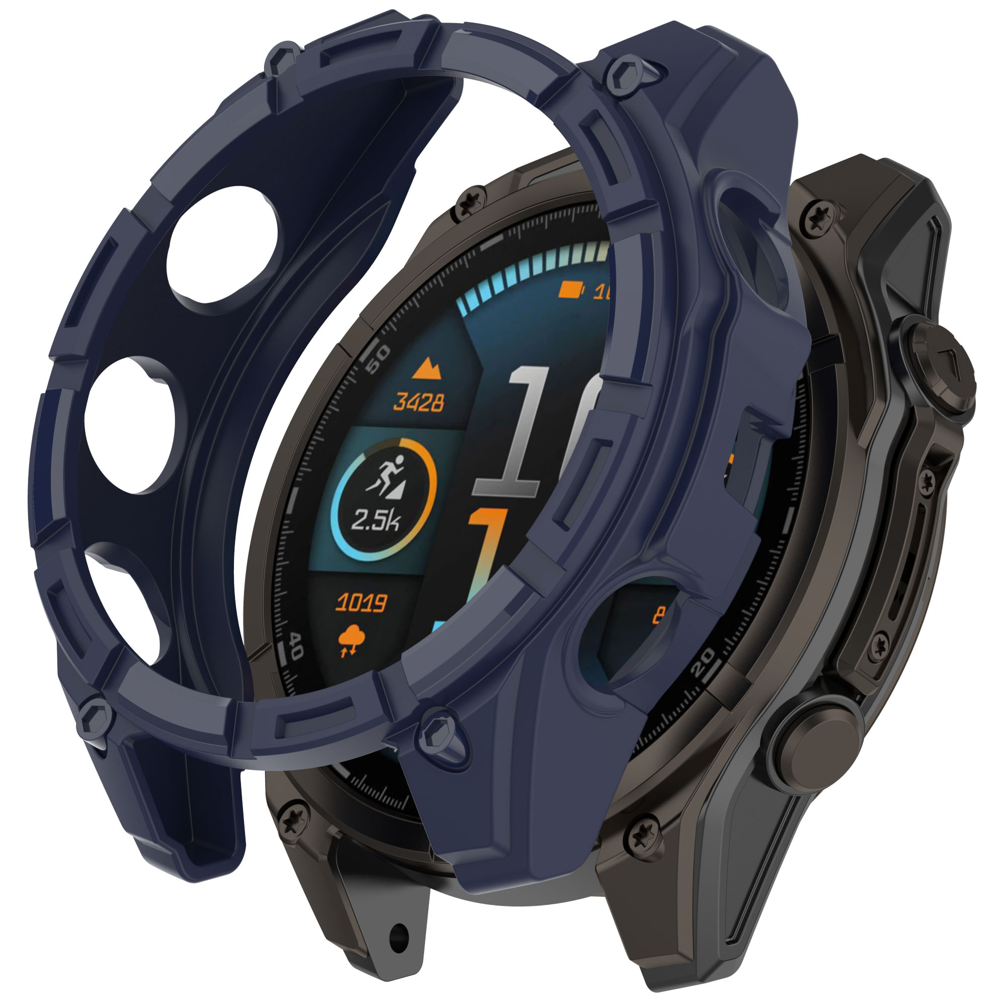 Smartwatch con custodia protettiva blu, che mostra un'interfaccia colorata con dati.