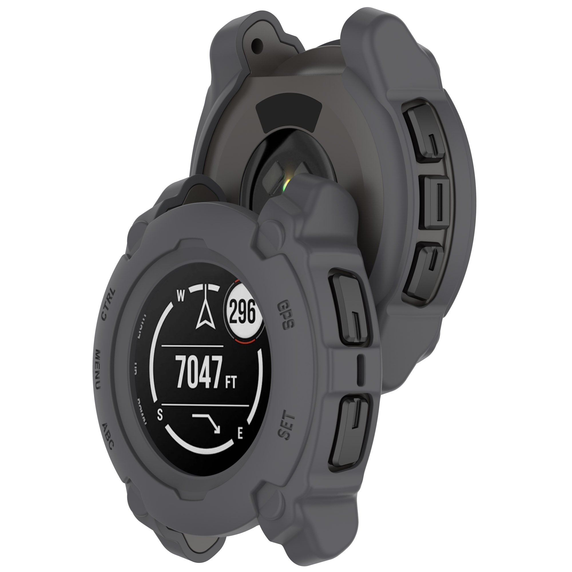 Smartwatch grigio con schermo che mostra statistiche. Custodia protettiva grigia parzialmente aperta.