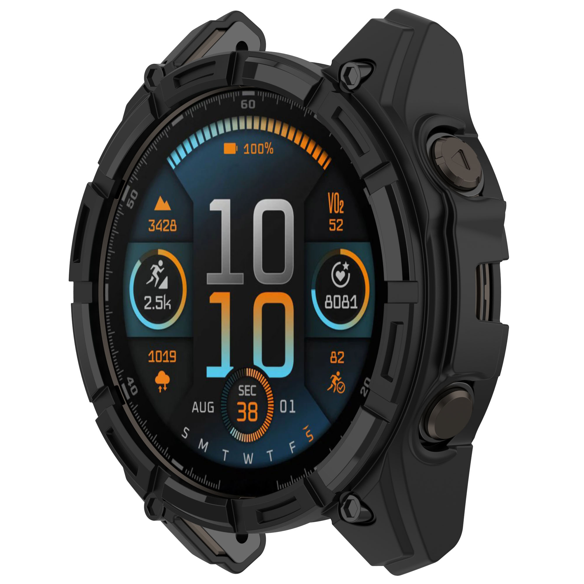 Smartwatch mit schwarzem Gehäuse, das Fitness-Metriken und Uhrzeit anzeigt. Eine schwarze Schutzhülle umgibt die Uhr.