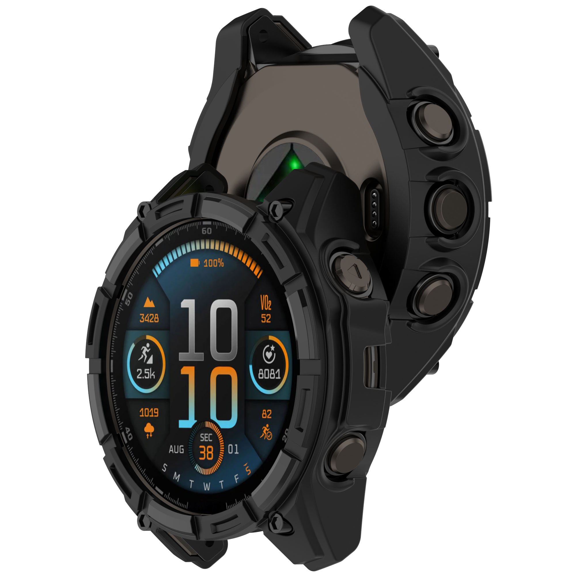 Schwarze Smartwatch. Bildschirm zeigt Daten: Zeit, Herzfrequenz, Batterie, Schritte. Schutzhülle angebracht.
