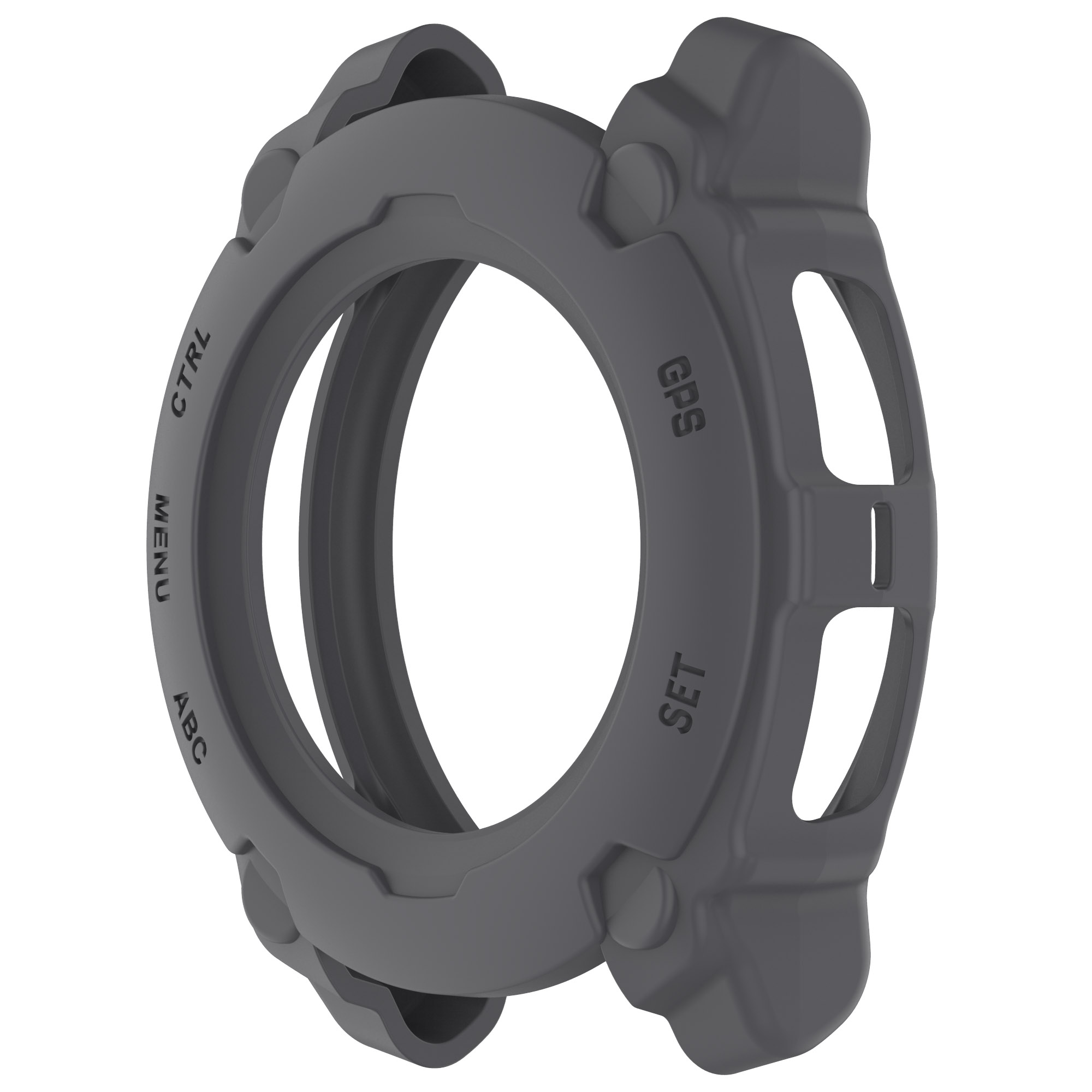 Cassa dell'orologio grigio scuro con ritagli. Etichette: CTRL, MENU, ABC, GPS, SET.