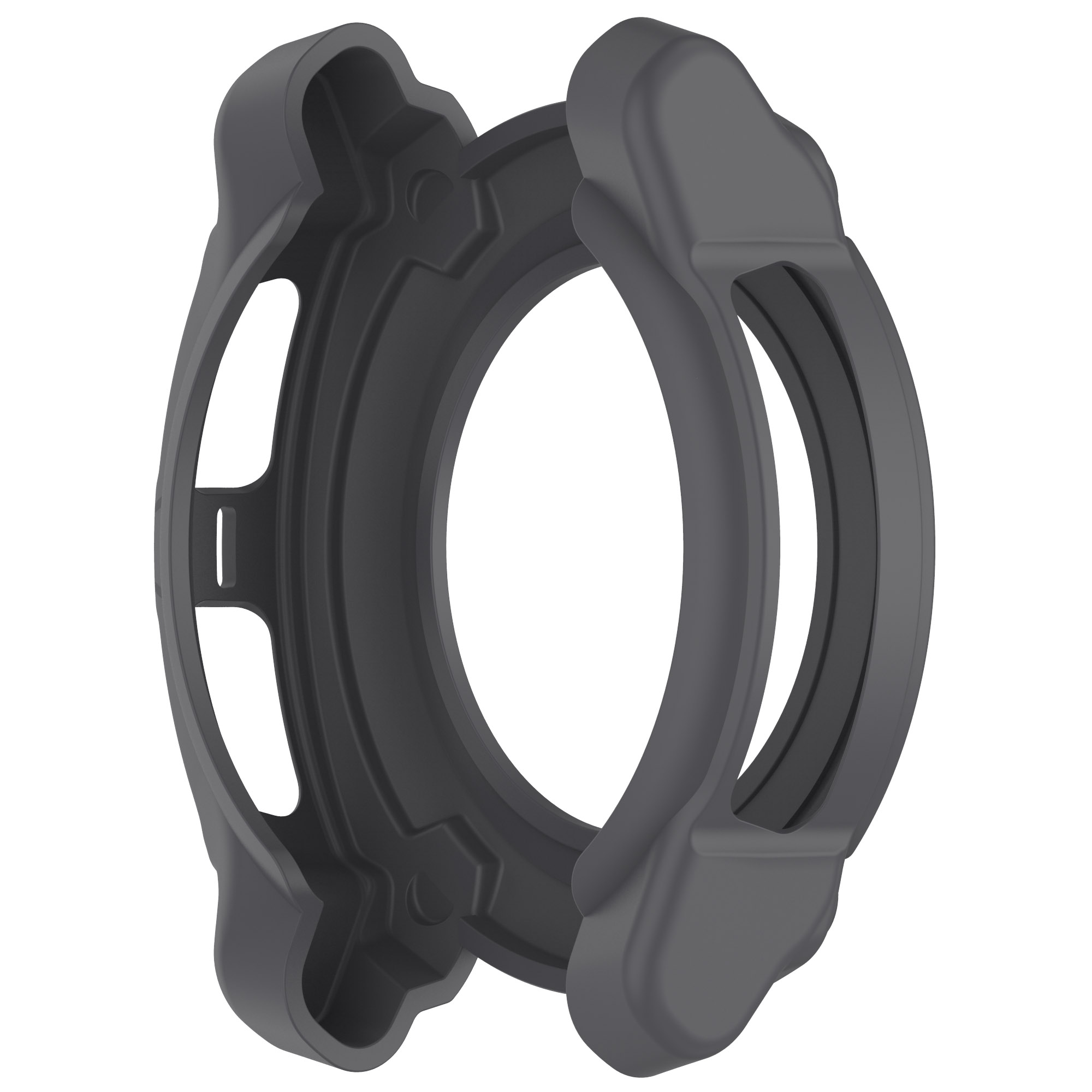 Cassa dell'orologio grigia. Design circolare con cornice protettiva. Un design protettivo.
