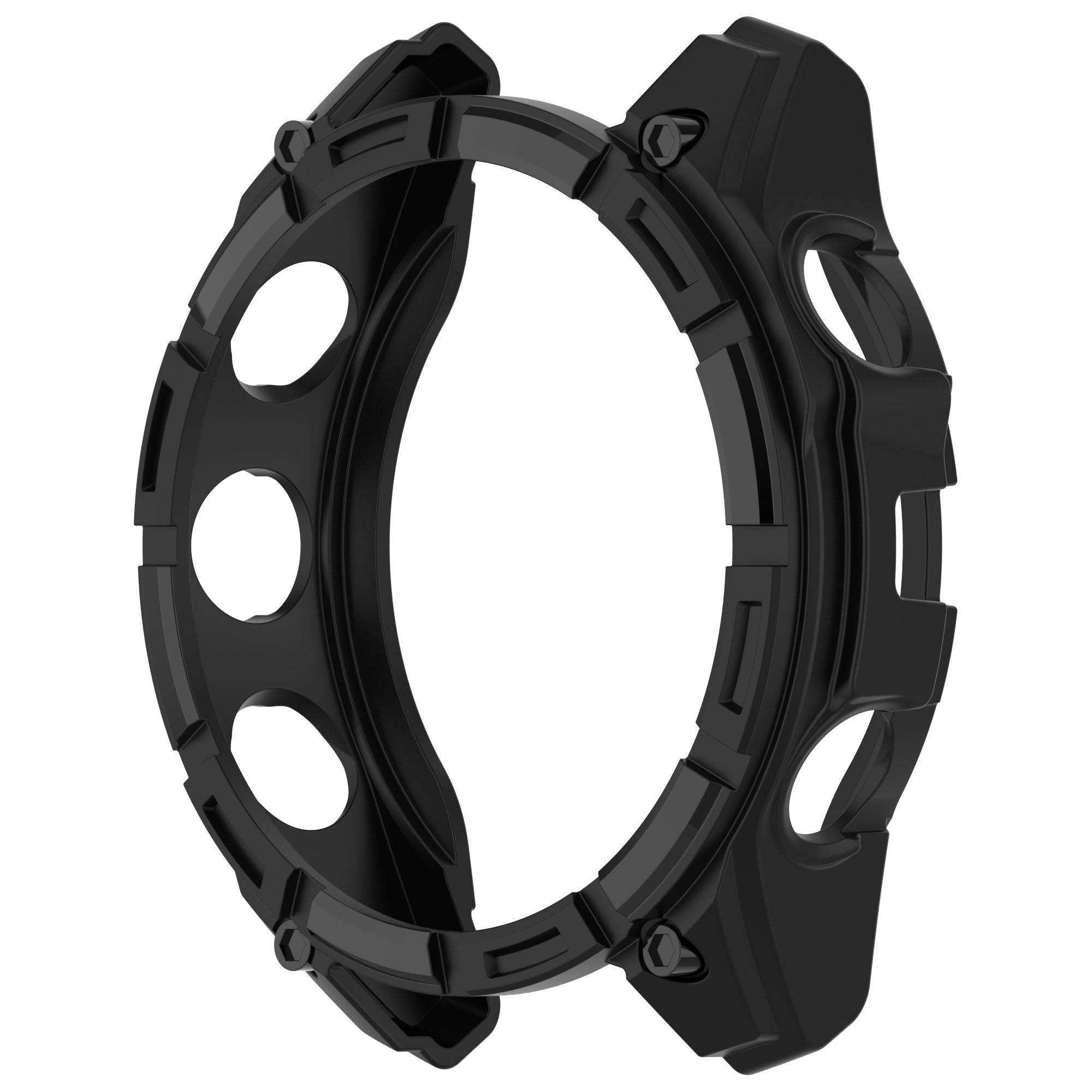 Schwarze Schutzhülle für eine Smartwatch. Die Hülle hat ein robustes Design mit mehreren Öffnungen und Vorsprüngen.