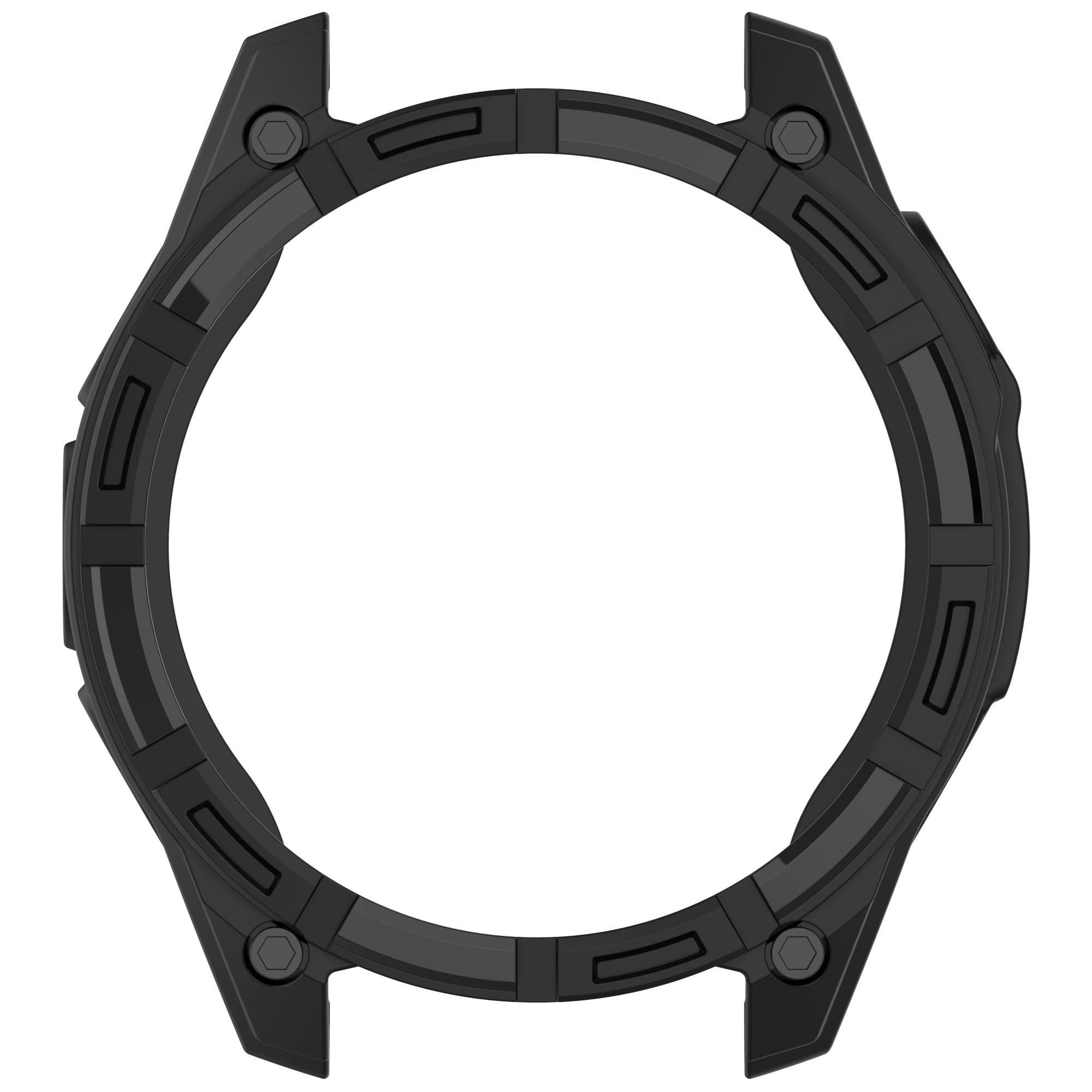 Schwarzer Uhrengehäuserahmen, offen, mit geometrischem Design, auf weißem Hintergrund.