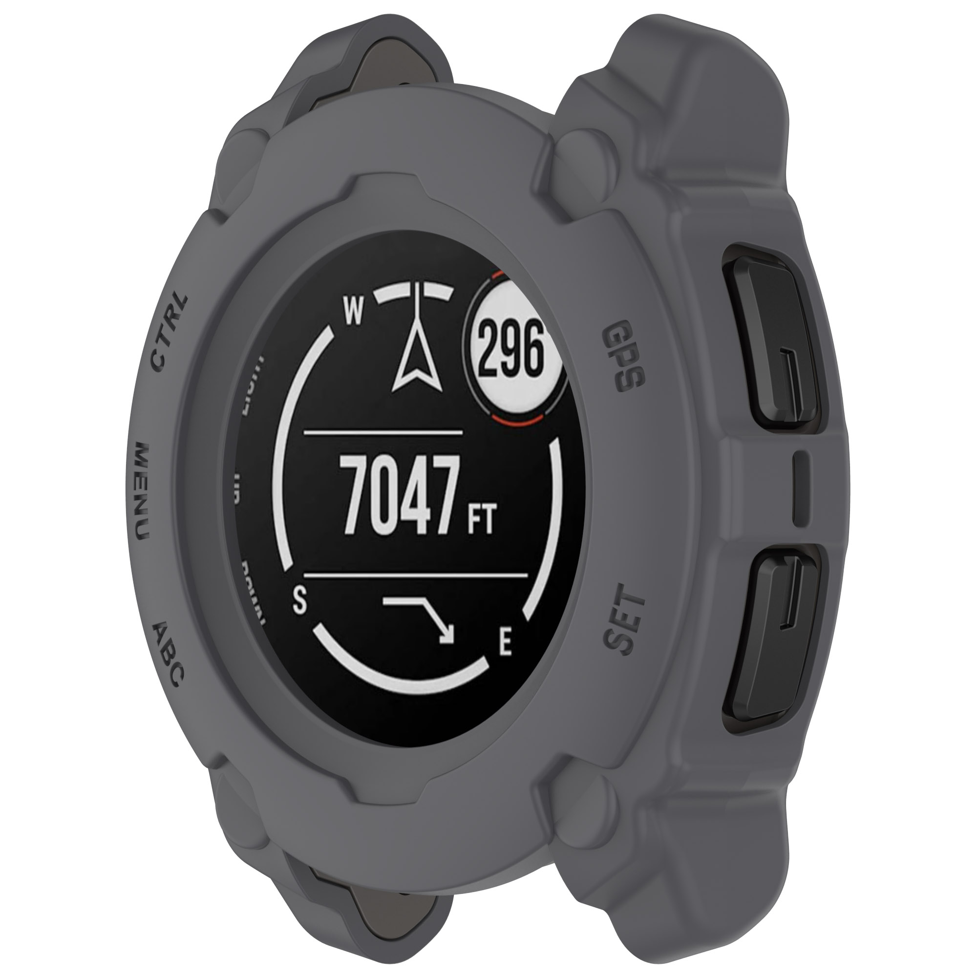 Smartwatch grigio con custodia protettiva, che mostra la navigazione e l'ora. La custodia ha pulsanti funzione.