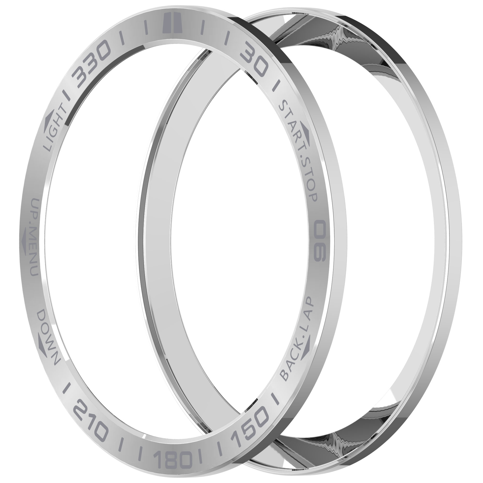 Zwei silberne Ringe mit Zahlen und Text. Die Ringe befinden sich auf weißem Hintergrund.