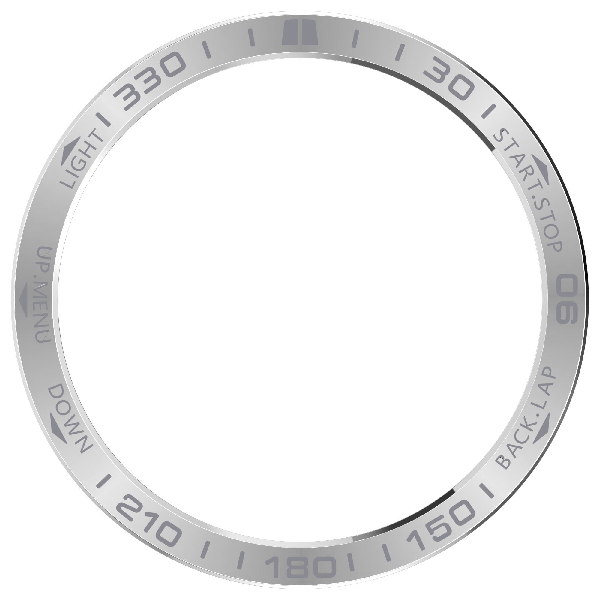 Eine silberne Lünette mit Markierungen für Zeit und Funktionen, in einem kreisförmigen Design.