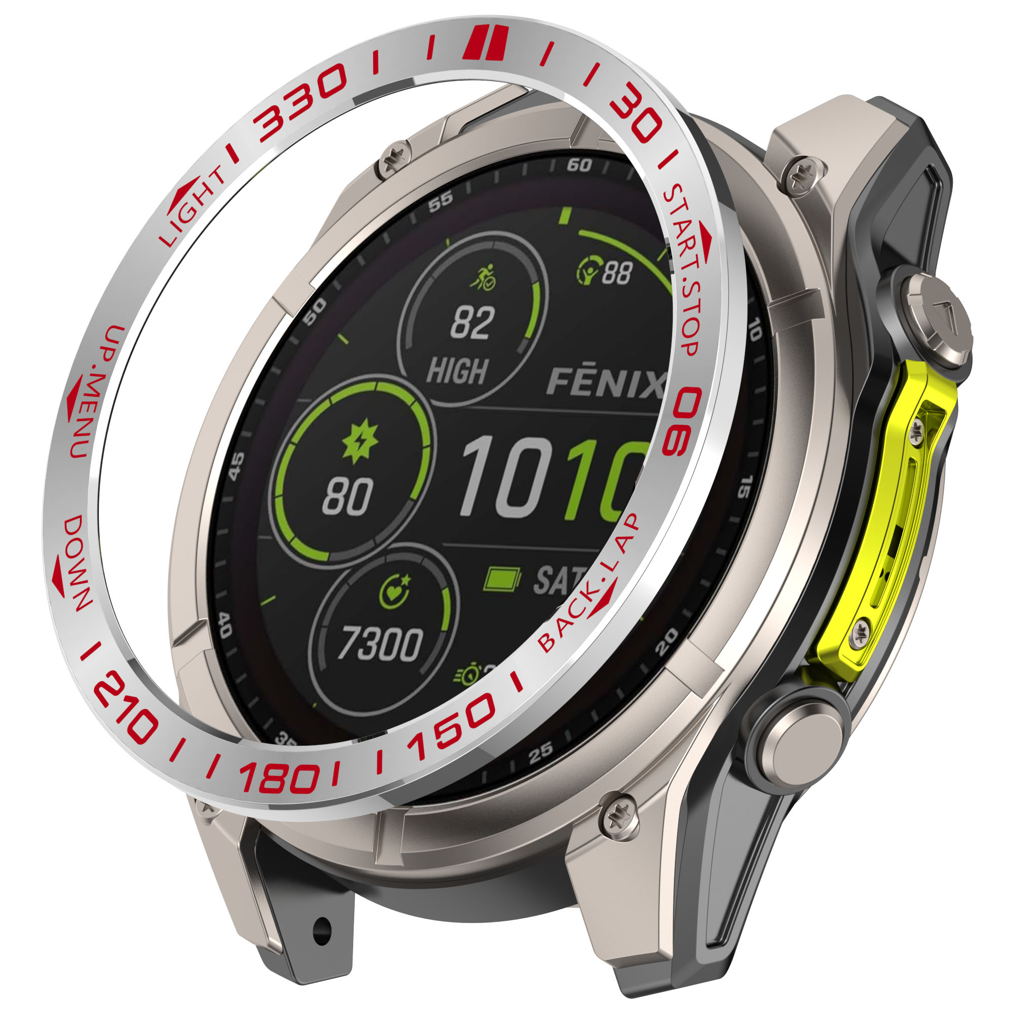 Silberne und gelbe Smartwatch mit drehbarer Lünette und digitaler Anzeige.