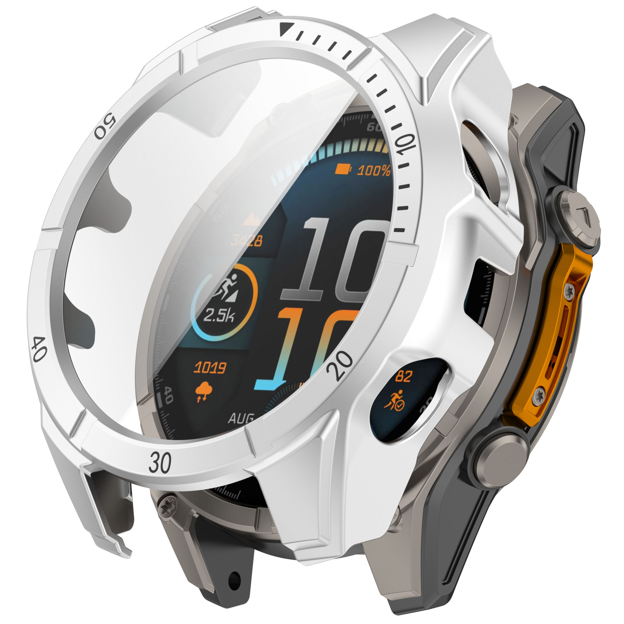 Smartwatch bianco e grigio con schermo che mostra informazioni. Custodia protettiva aperta, copertura trasparente.