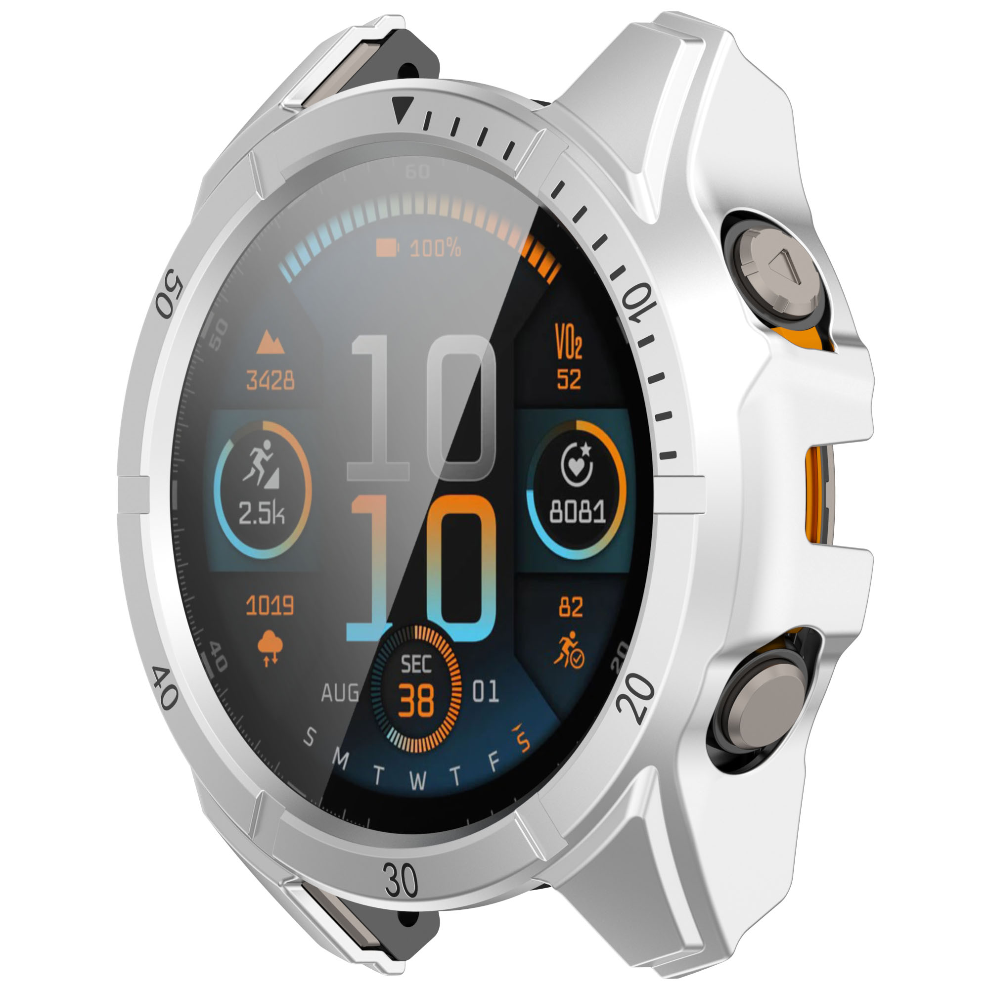 Smartwatch argentato con display che mostra ora, metriche di salute e un grafico di corsa.