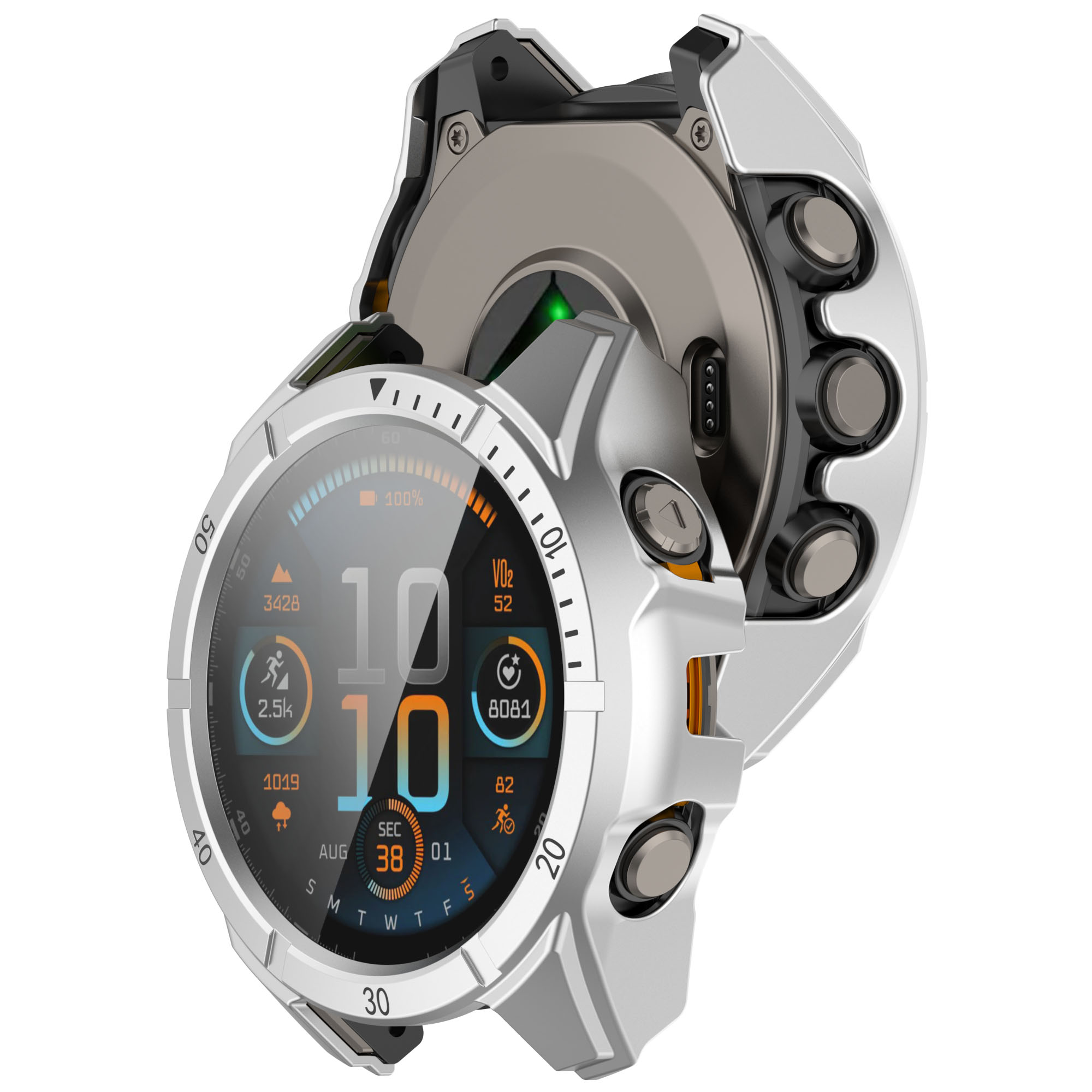 Cassa per smartwatch argentata con display che mostra i dati dell'attività.