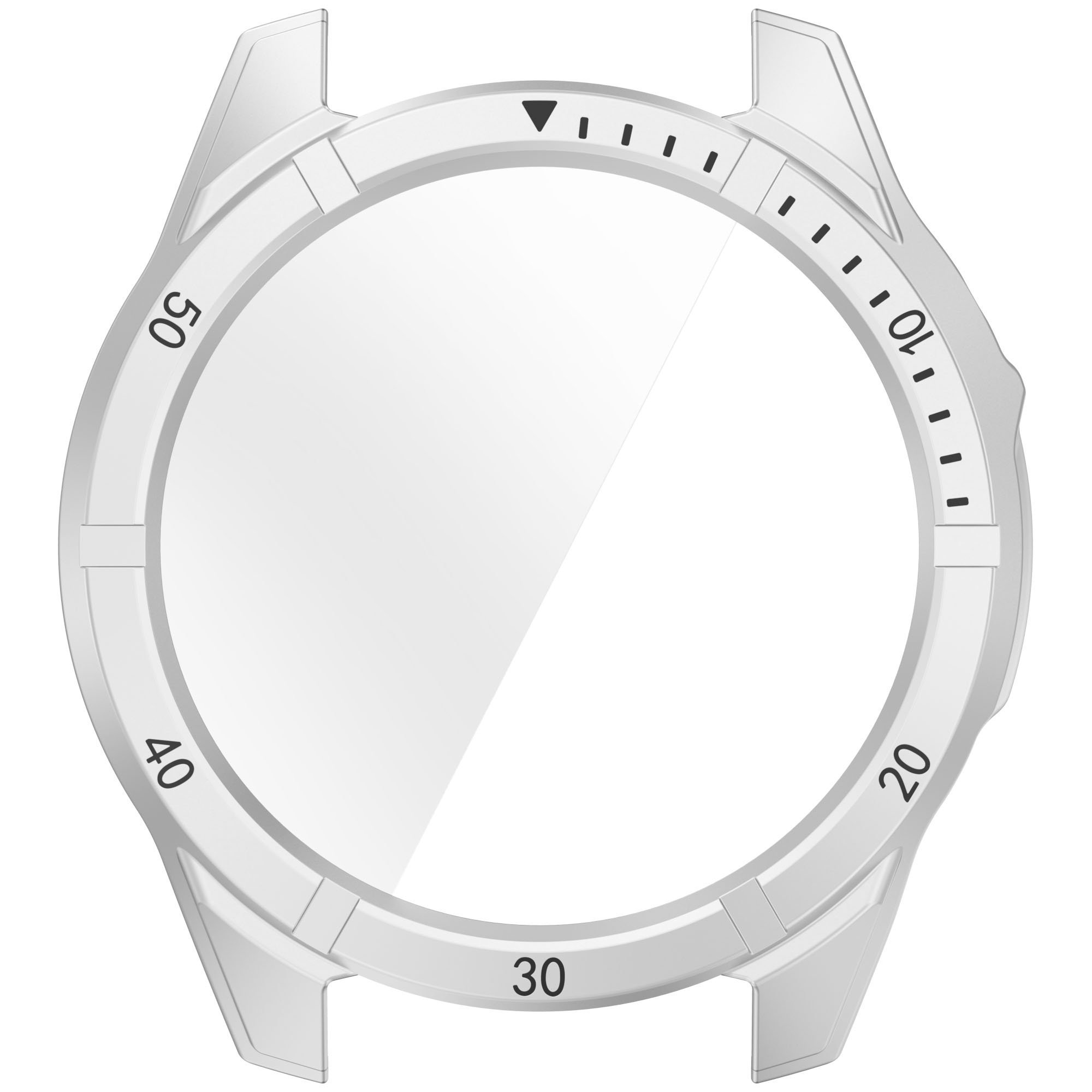 Lunetta dell'orologio con numeri e indicatori. Colore bianco, forma circolare, con intagli su entrambi i lati.