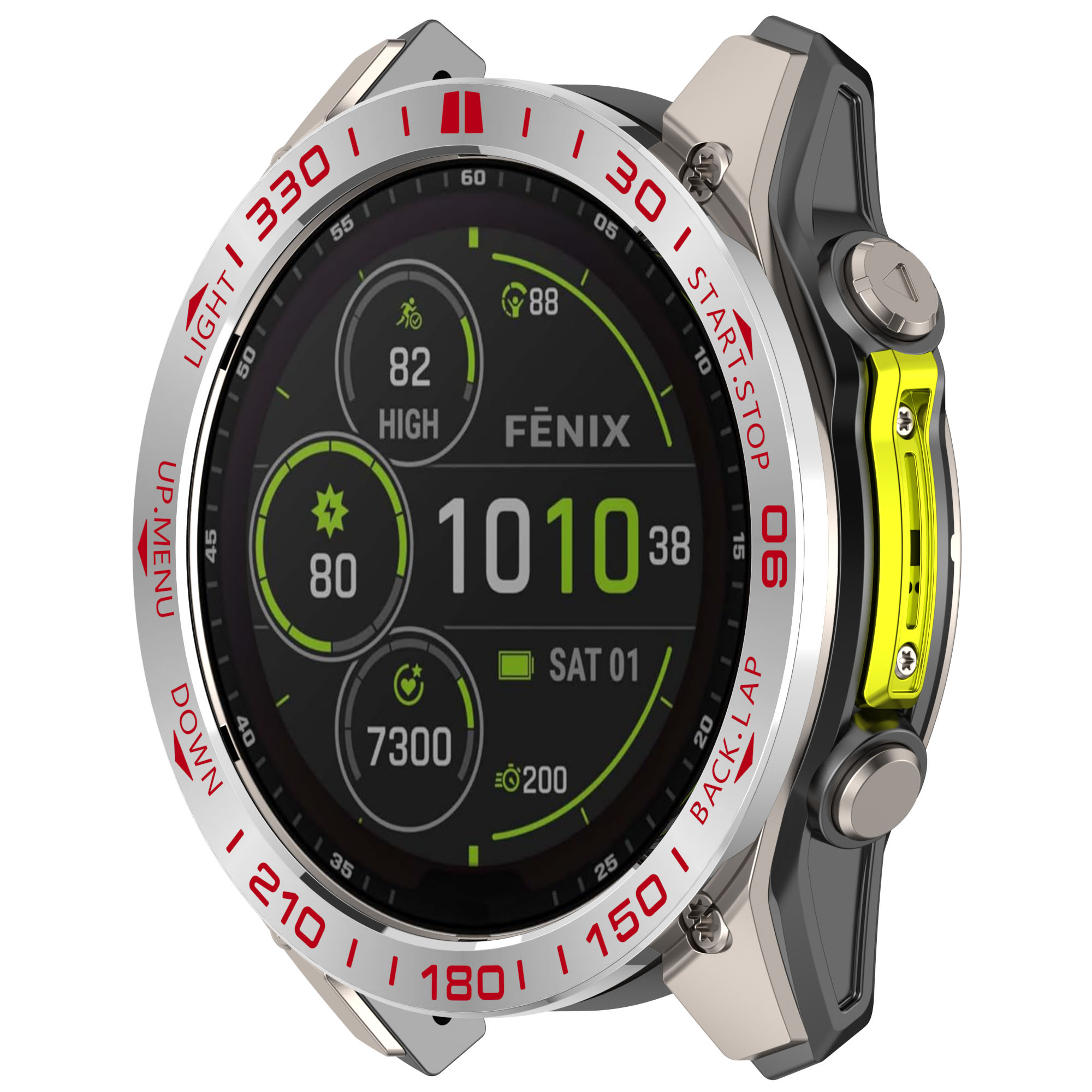 Eine schwarz-silberne Smartwatch mit gelbem Akzent. Der Bildschirm zeigt Daten an. Weißer Hintergrund.