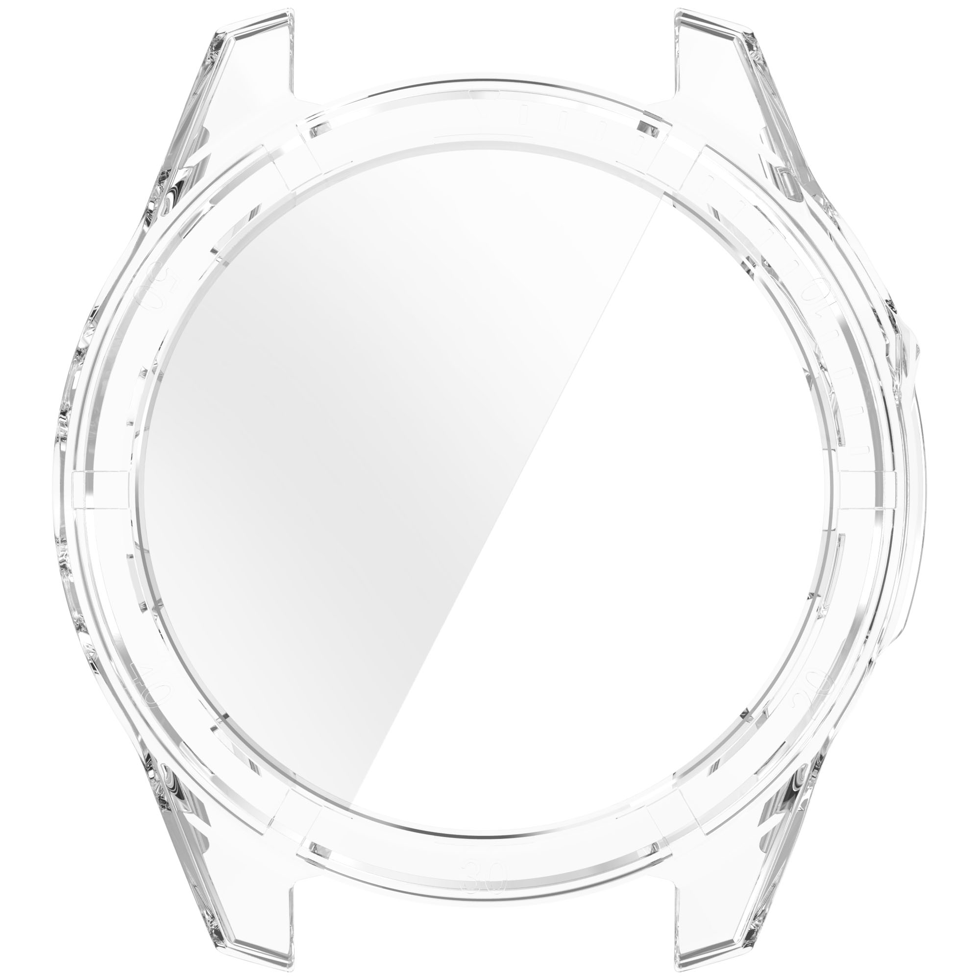 Protezione trasparente per la cassa dell'orologio. Ha un'apertura circolare con uno schermo. Sfondo bianco.