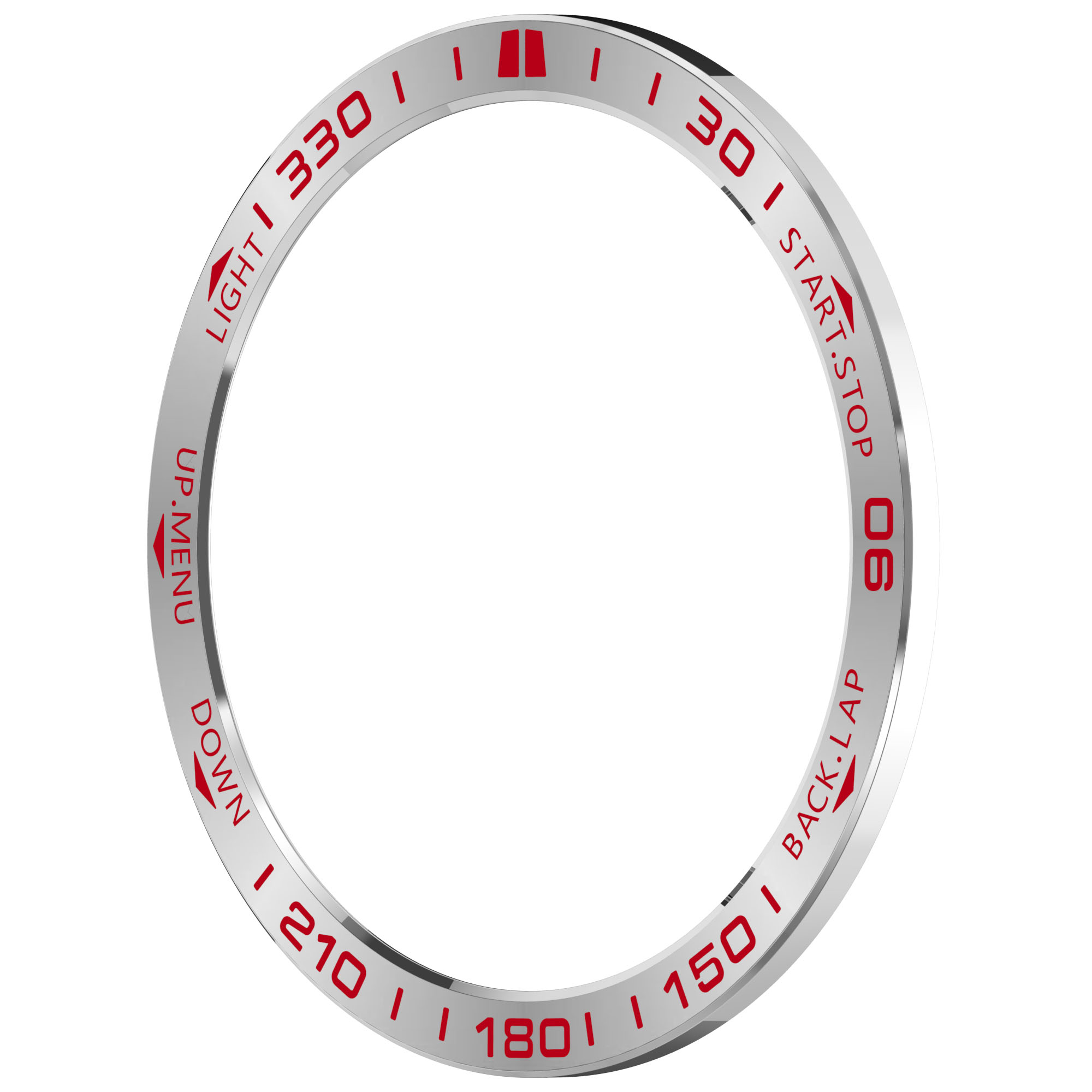 Eine silberne Lünette mit roten Markierungen und Zahlen, mit Text wie 'Light' und 'Back-Lap'. Weißer Hintergrund.