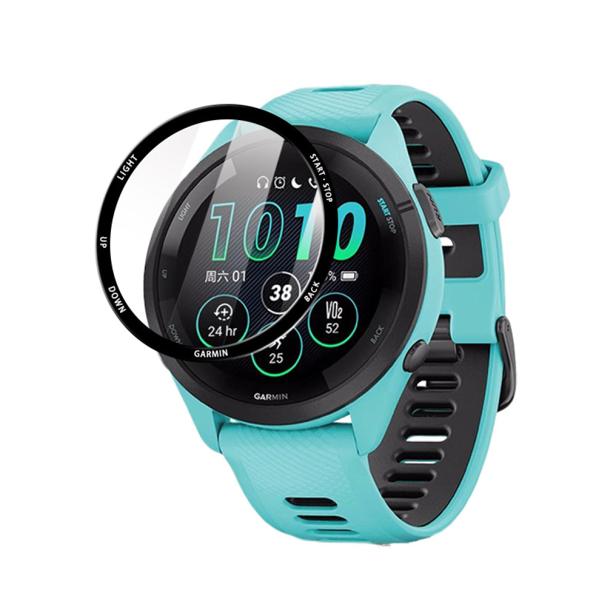 Eine türkisfarbene Smartwatch mit Displayschutz. Das Zifferblatt zeigt Zeit und Metriken an.