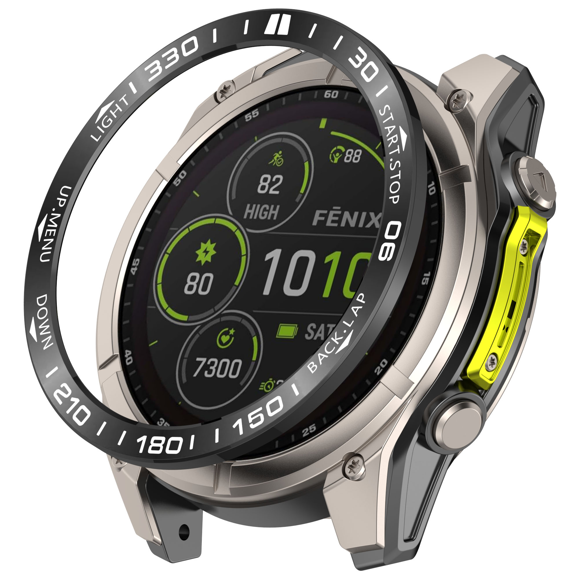 Smartwatch mit schwarzem und silbernem Gehäuse, schwarzer Lünette. Zeigt Daten und eine gelbe Taste.