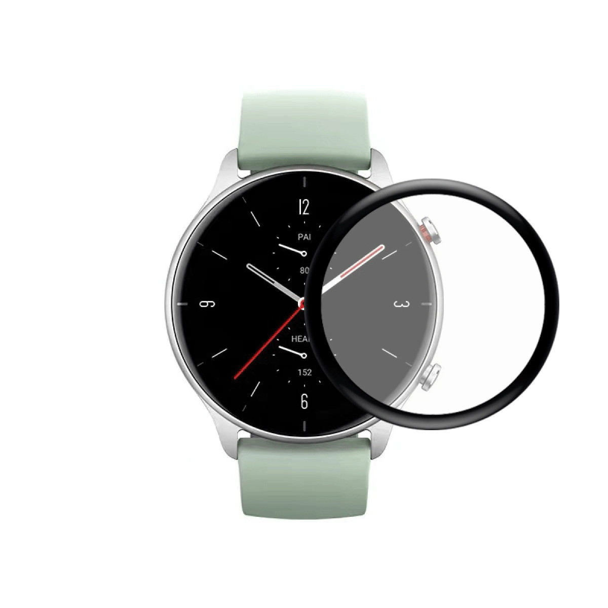 Smartwatch mit grünem Armband und schwarzem Bildschirm. Glasschutz befindet sich auf dem Bildschirm.
