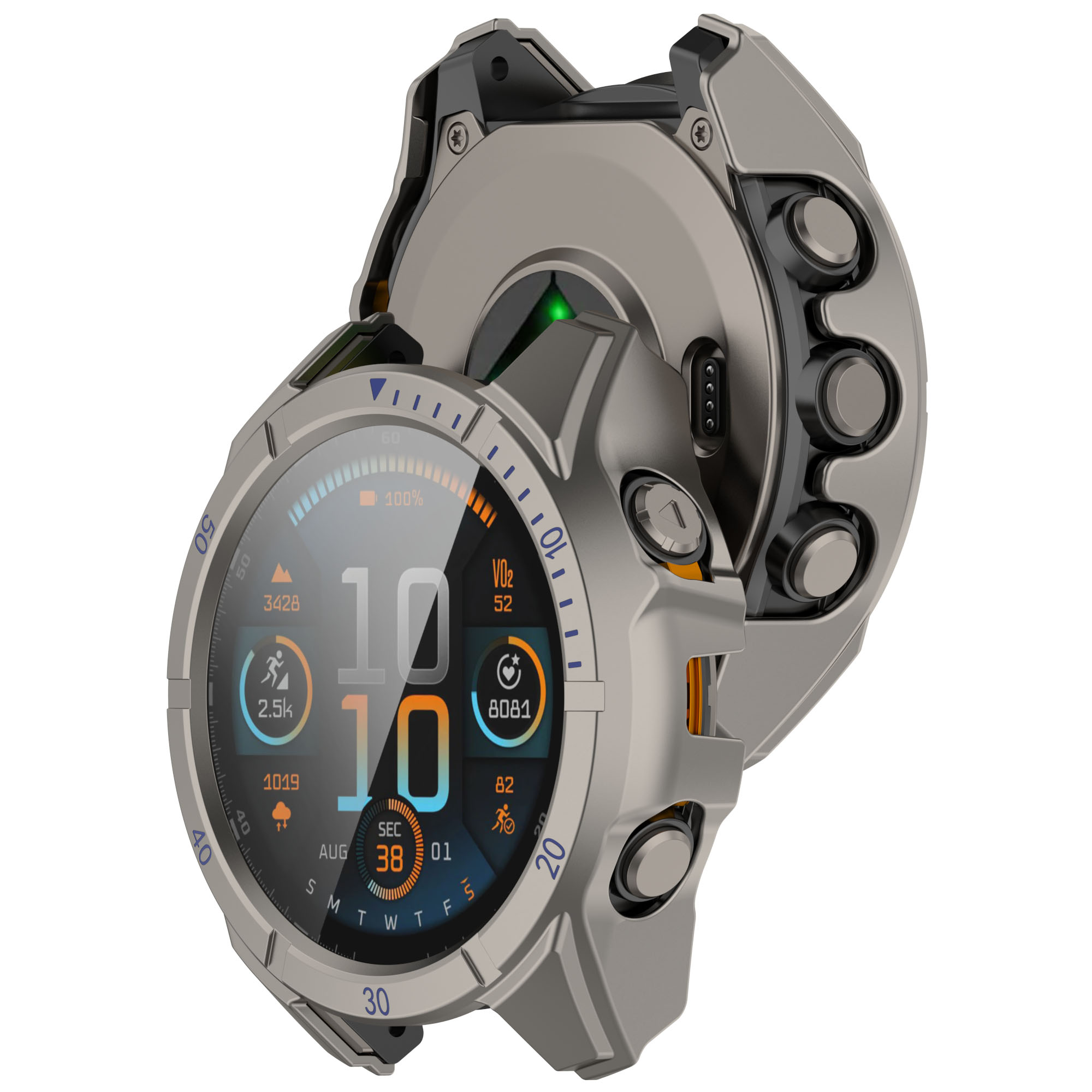 Smartwatch argentato con display rotondo che mostra dati. L'orologio è parzialmente smontato.