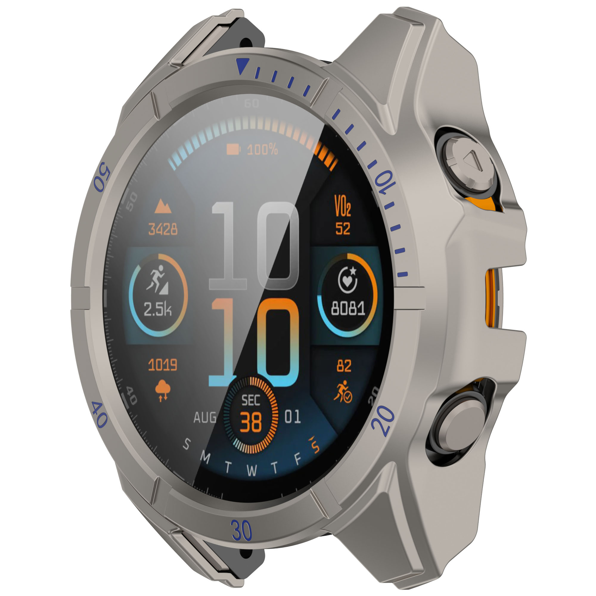 Quadrante dello smartwatch con metriche e lunetta argento e gialla. La lunetta ha segni rossi e bianchi.