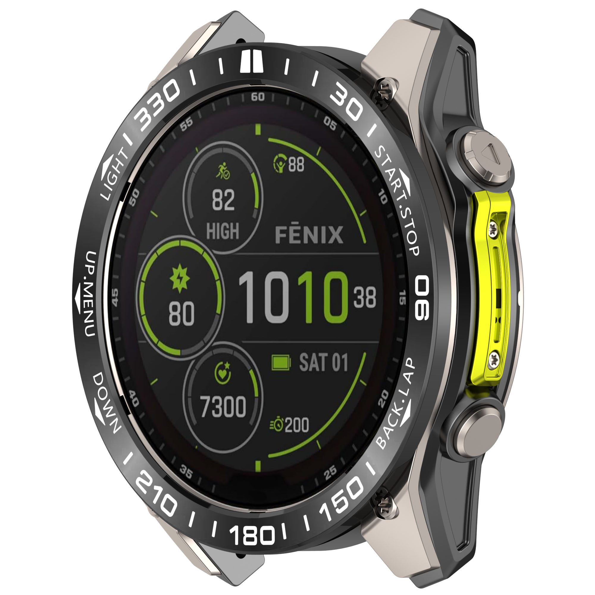 Smartwatch mit schwarz-silbernem Gehäuse, zeigt Daten auf dem Bildschirm. Gelber Knopf an der Seite.