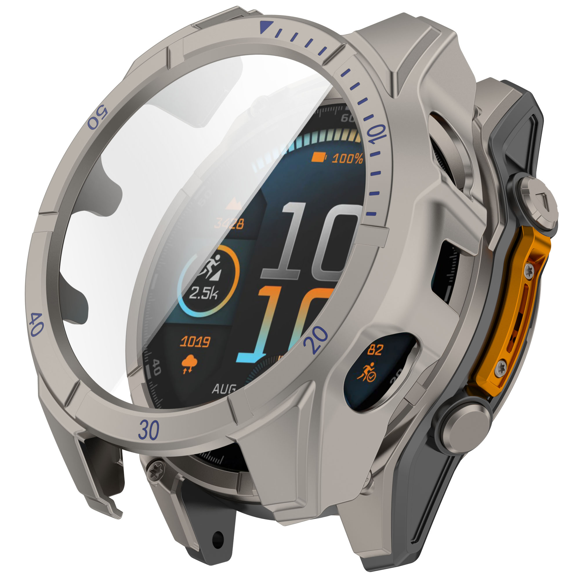 Cassa per smartwatch argentata con lunetta blu e schermo con dati. Pulsante arancione laterale.