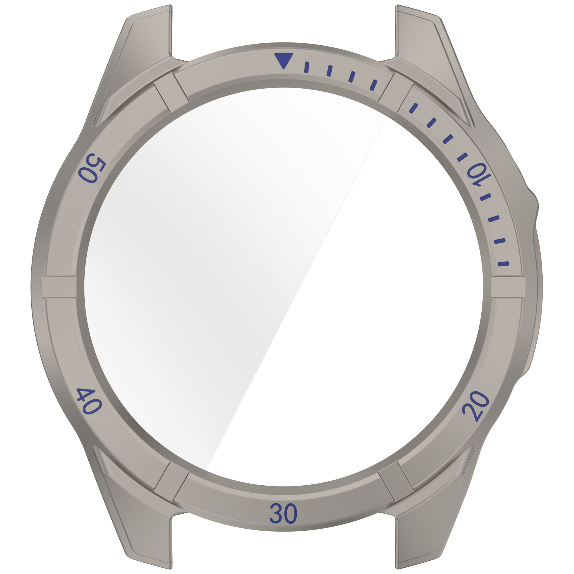Ghiera dell'orologio argentata con numeri e segni blu. Quadrante dell'orologio trasparente.